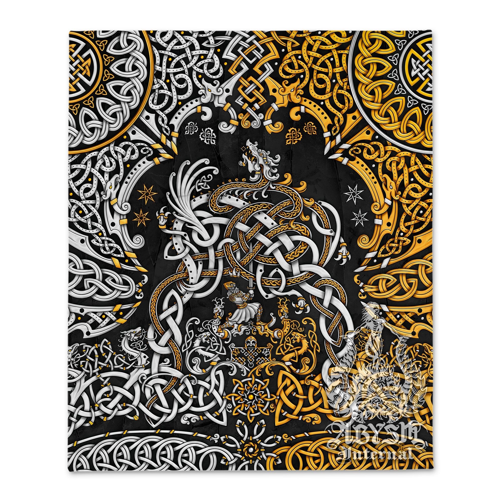 Viking Tapestry, Nordic Wall Hanging, Pagan Home Decor, Norse Art Print, Dragon Fafnir - Gold Black - Abysm Internal