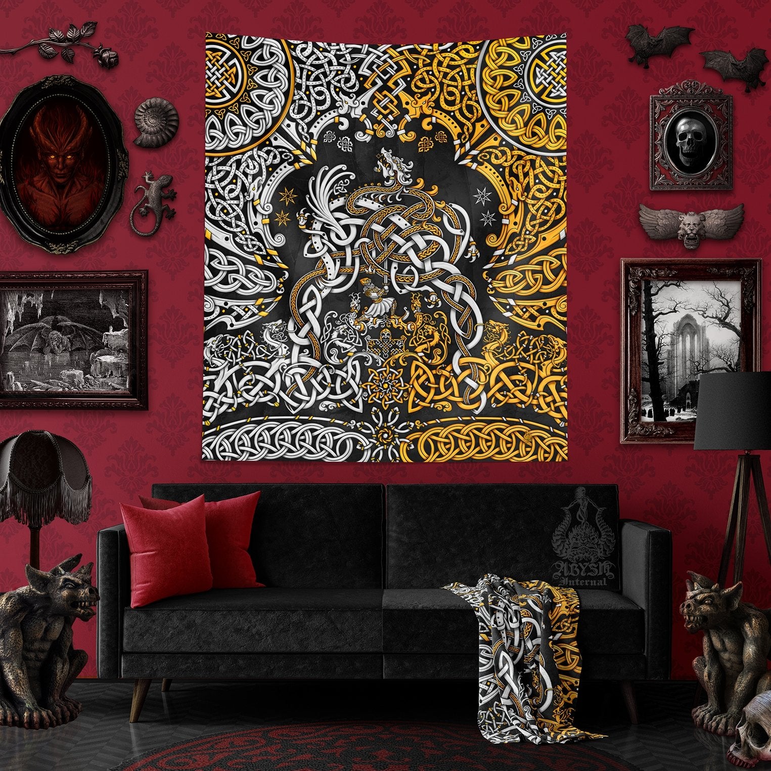 Viking Tapestry, Nordic Wall Hanging, Pagan Home Decor, Norse Art Print, Dragon Fafnir - Gold Black - Abysm Internal