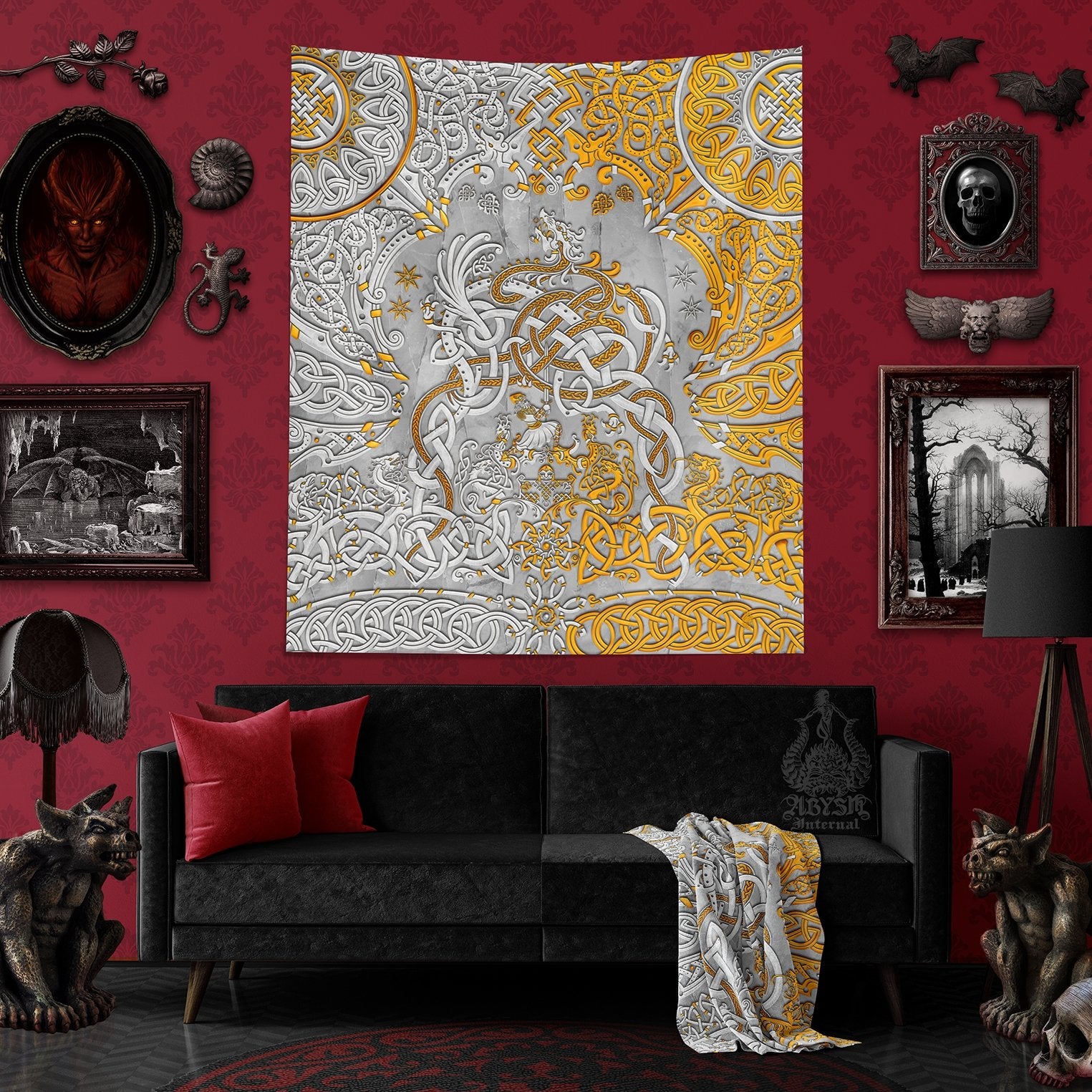 Viking Tapestry, Nordic Wall Hanging, Pagan Home Decor, Norse Art Print, Dragon Fafnir - Stone Gold - Abysm Internal