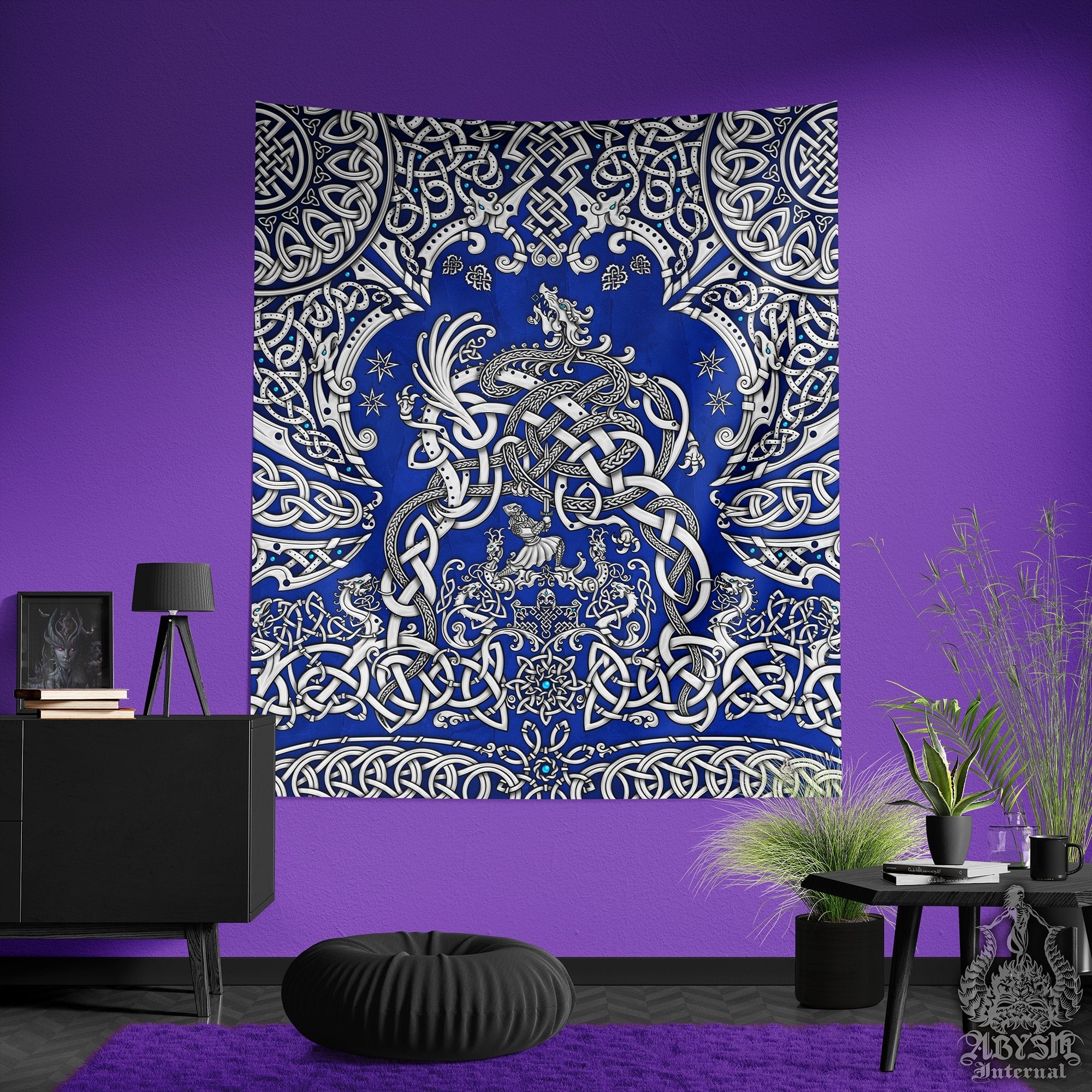 Viking Tapestry, Nordic Wall Hanging, Pagan Home Decor, Norse Art Print, Dragon Fafnir - White Blue - Abysm Internal