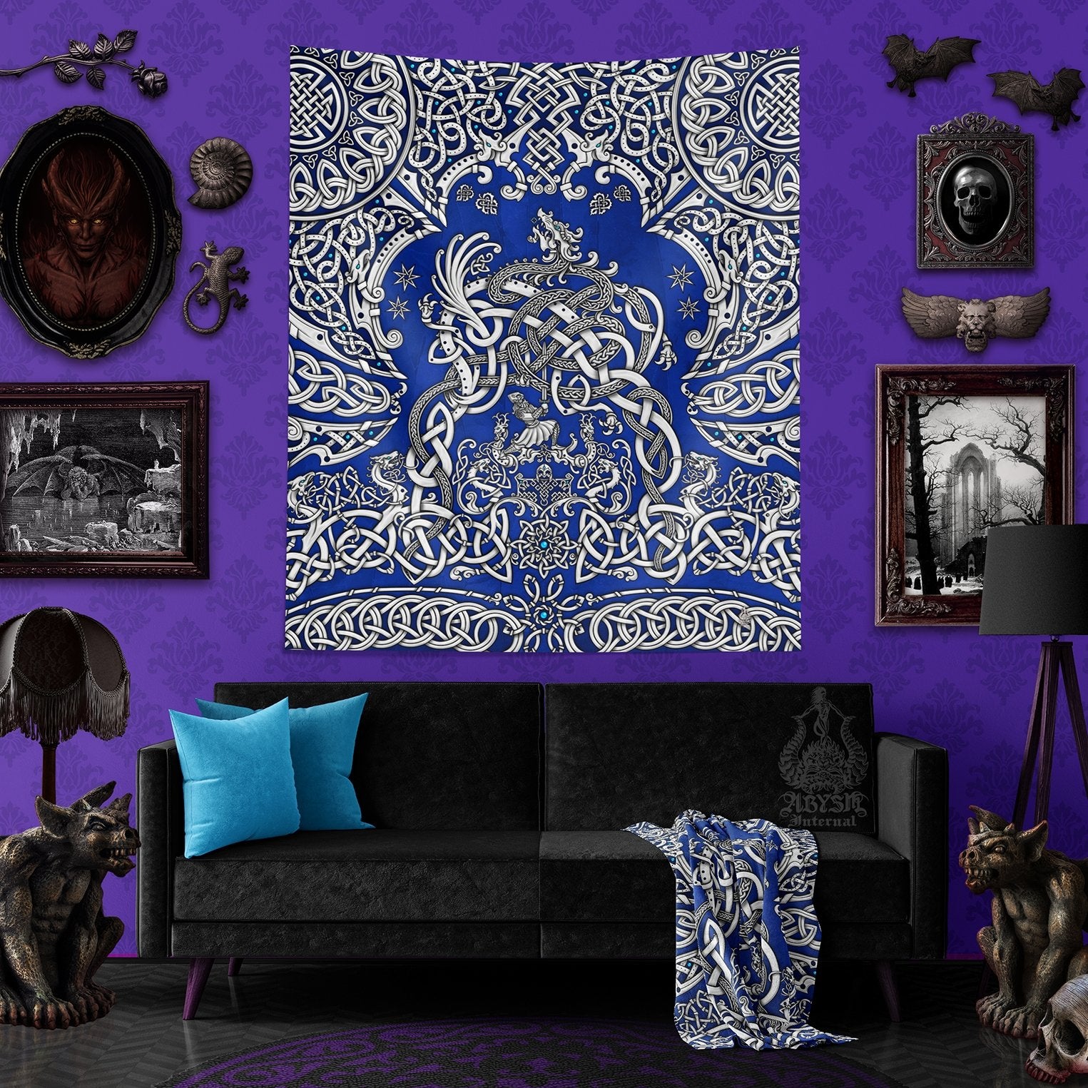 Viking Tapestry, Nordic Wall Hanging, Pagan Home Decor, Norse Art Print, Dragon Fafnir - White Blue - Abysm Internal