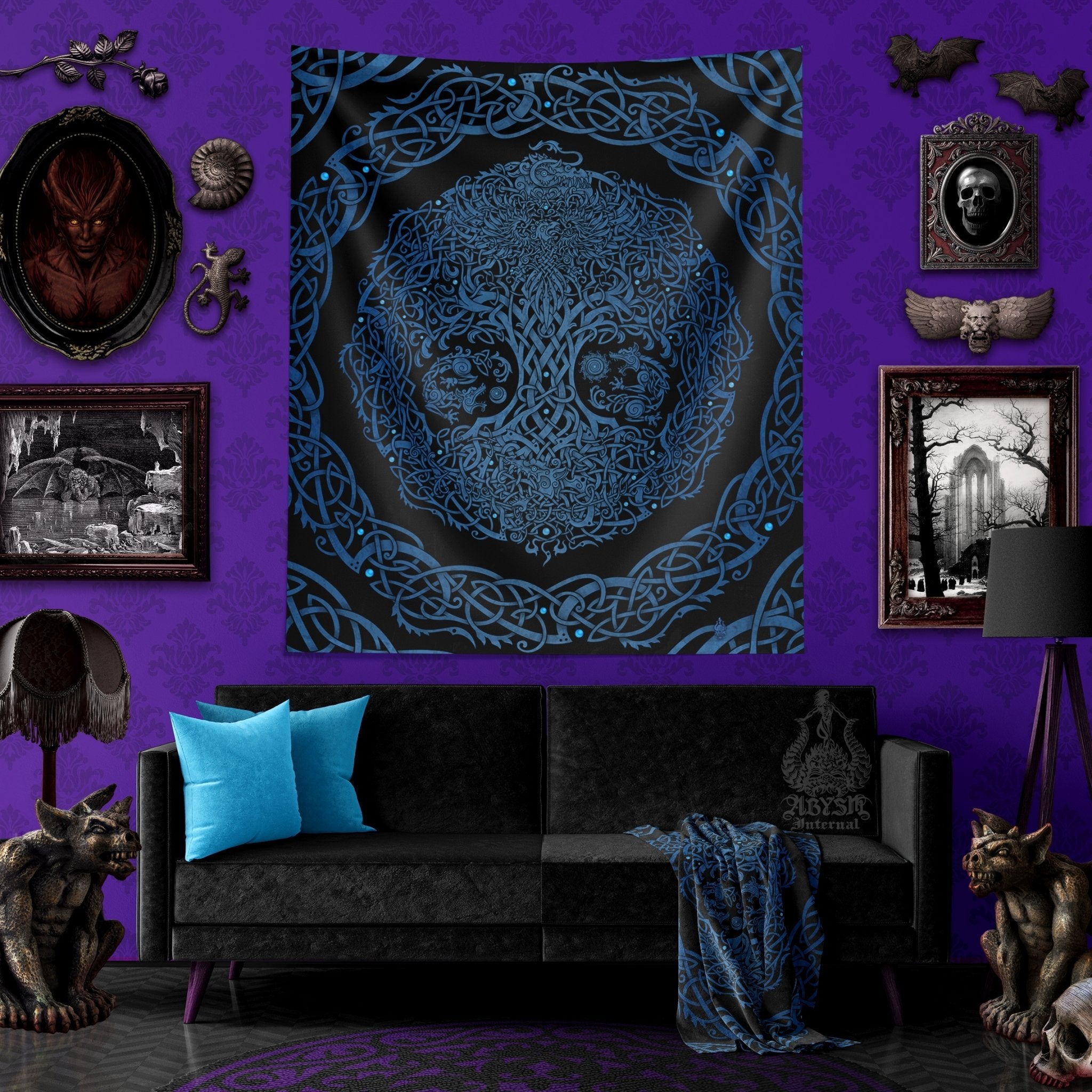 Viking Tapestry, Yggdrasil Wall Hanging, Norse Home Decor, Pagan Art Print, Nordic Tree of Life - Black & Blue - Abysm Internal