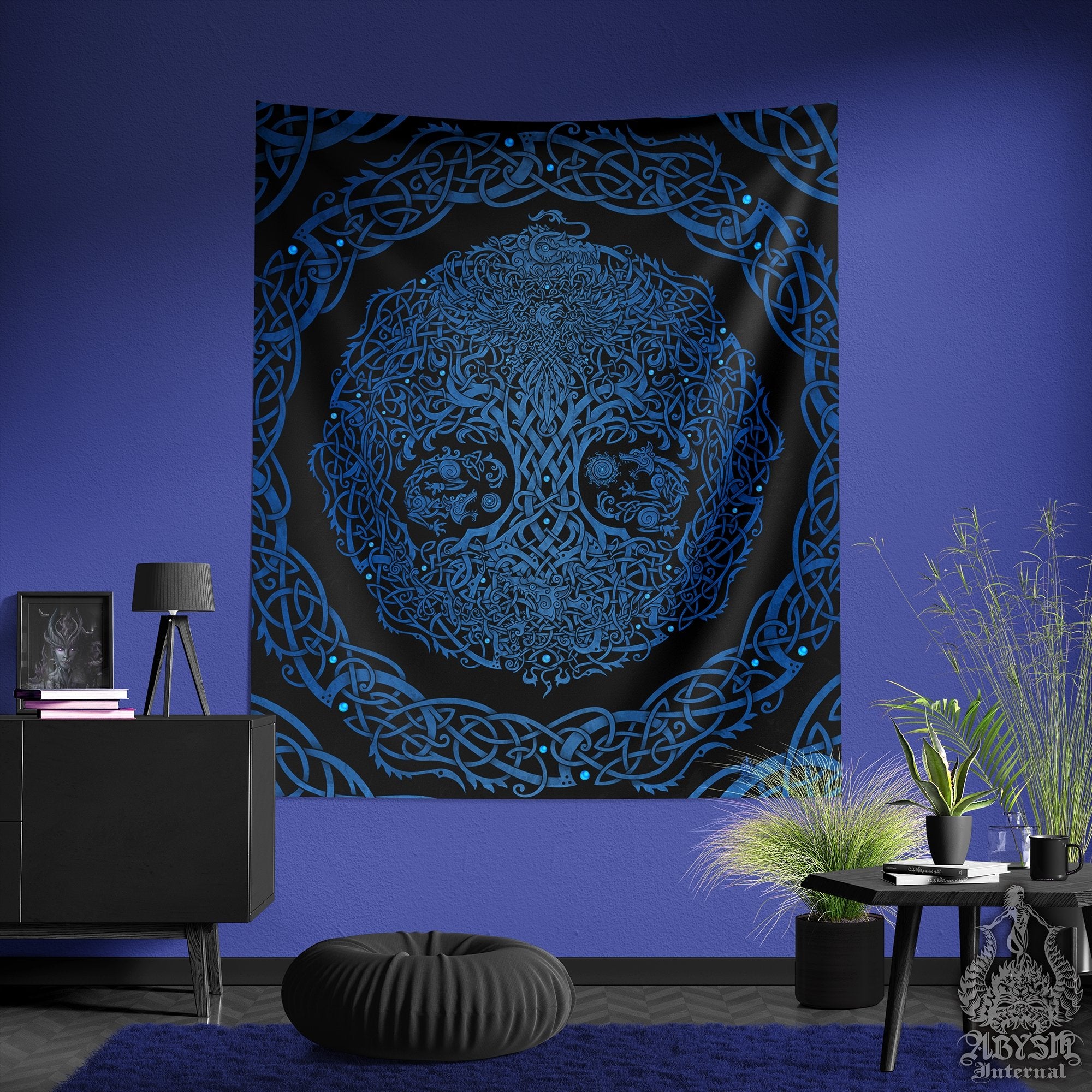 Viking Tapestry, Yggdrasil Wall Hanging, Norse Home Decor, Pagan Art Print, Nordic Tree of Life - Black & Blue - Abysm Internal