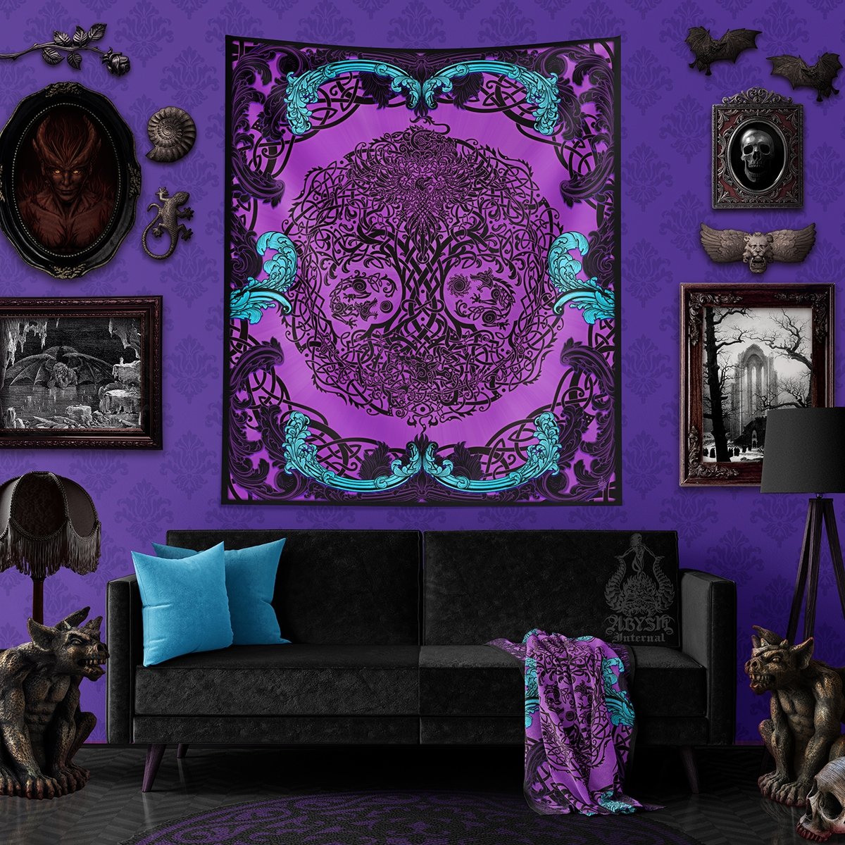 Viking Tapestry, Yggdrasil Wall Hanging, Pagan Home Decor, Art Print, Nordic Tree of Life - Pastel Goth, Purple - Abysm Internal