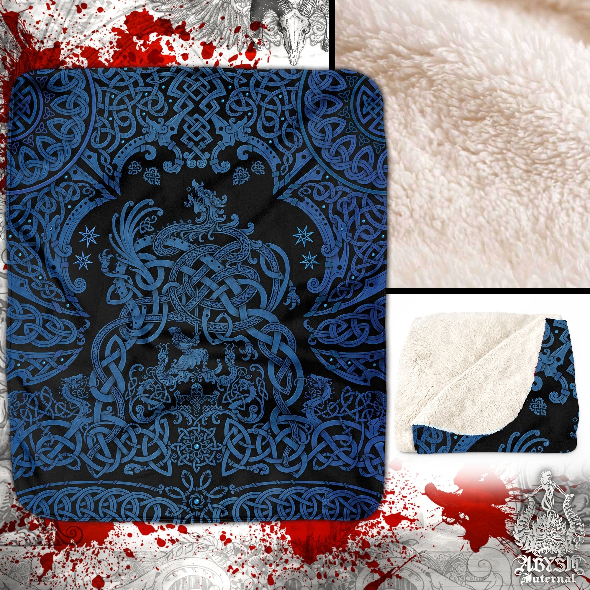 Viking Throw Fleece Blanket, Norse Mythology, Nordic Art, Pagan Decor, Dragon Fafnir, Alternative Art Gift - Black and Blue - Abysm Internal