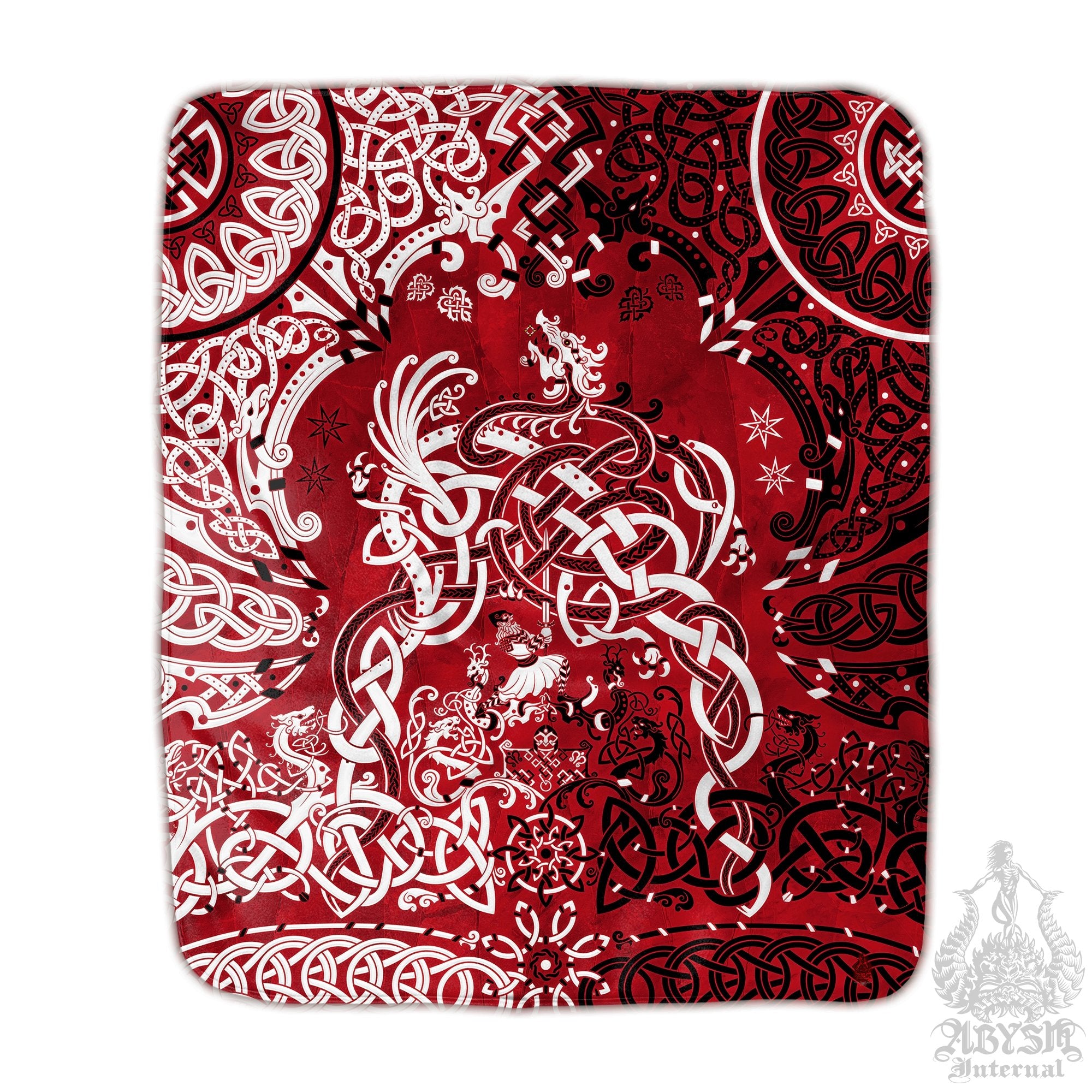 Viking Throw Fleece Blanket, Norse Mythology, Nordic Art, Pagan Decor, Dragon Fafnir, Alternative Art Gift - Bloody Red - Abysm Internal