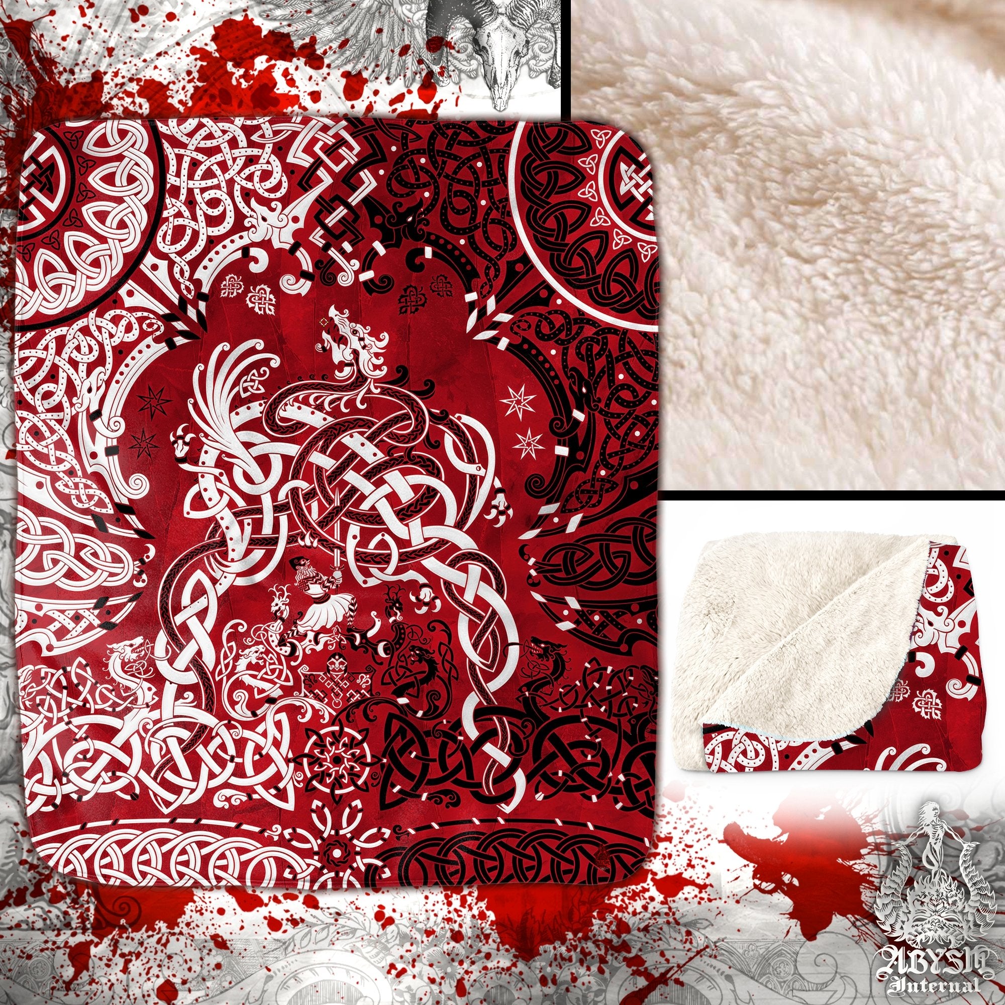 Viking Throw Fleece Blanket, Norse Mythology, Nordic Art, Pagan Decor, Dragon Fafnir, Alternative Art Gift - Bloody Red - Abysm Internal