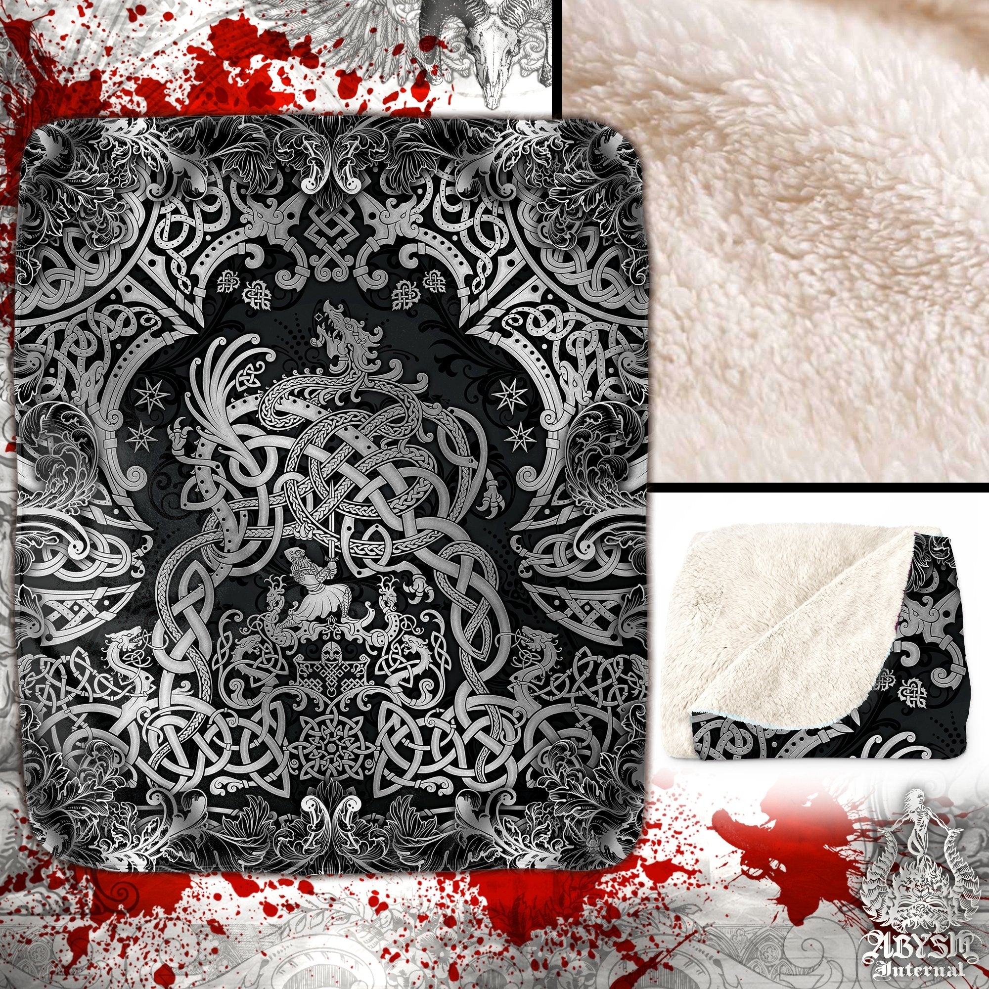 Viking Throw Fleece Blanket, Norse Mythology, Nordic Art, Pagan Decor, Dragon Fafnir, Alternative Art Gift - Dark - Abysm Internal