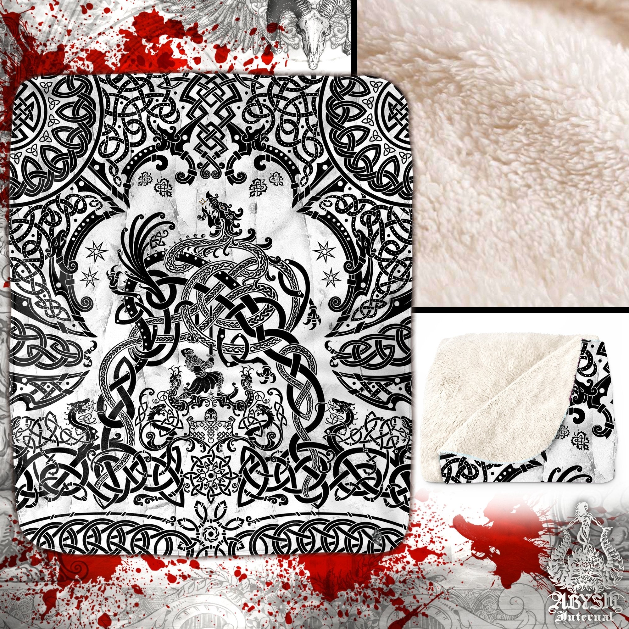 Viking Throw Fleece Blanket, Norse Mythology, Nordic Art, Pagan Decor, Dragon Fafnir - Black and White - Abysm Internal