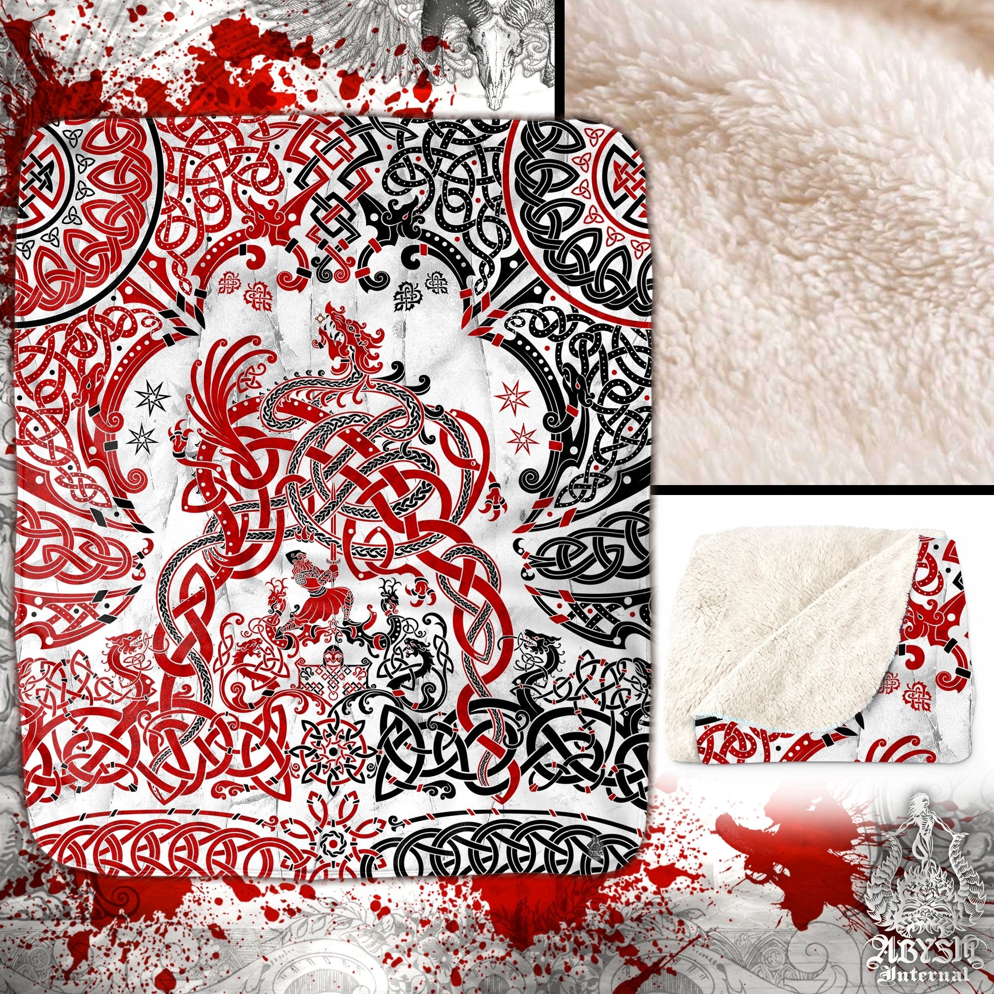 Viking Throw Fleece Blanket, Norse Mythology, Nordic Art, Pagan Decor, Dragon Fafnir - Bloody White - Abysm Internal