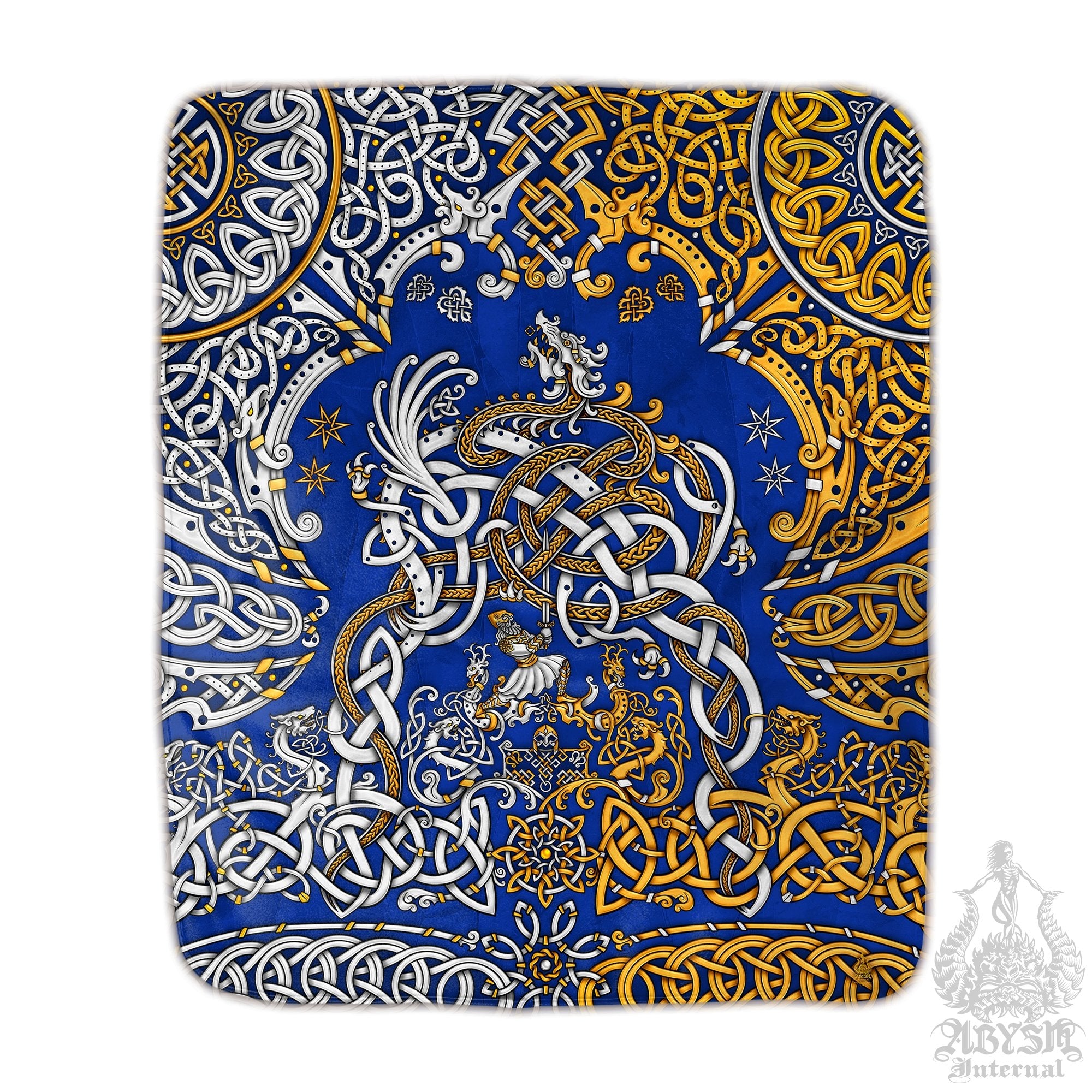 Viking Throw Fleece Blanket, Norse Mythology, Nordic Art, Pagan Decor, Dragon Fafnir - Gold Blue - Abysm Internal