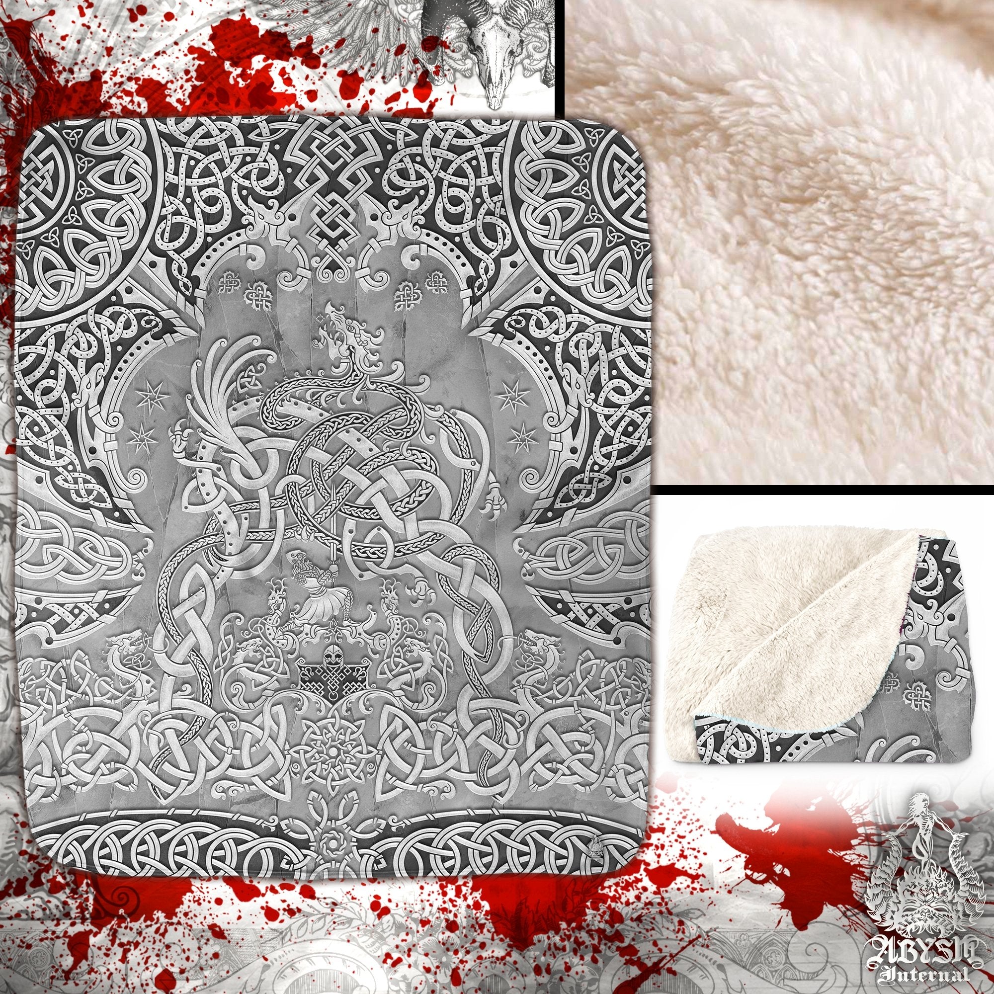 Viking Throw Fleece Blanket, Norse Mythology, Nordic Art, Pagan Decor, Dragon Fafnir - Stone - Abysm Internal
