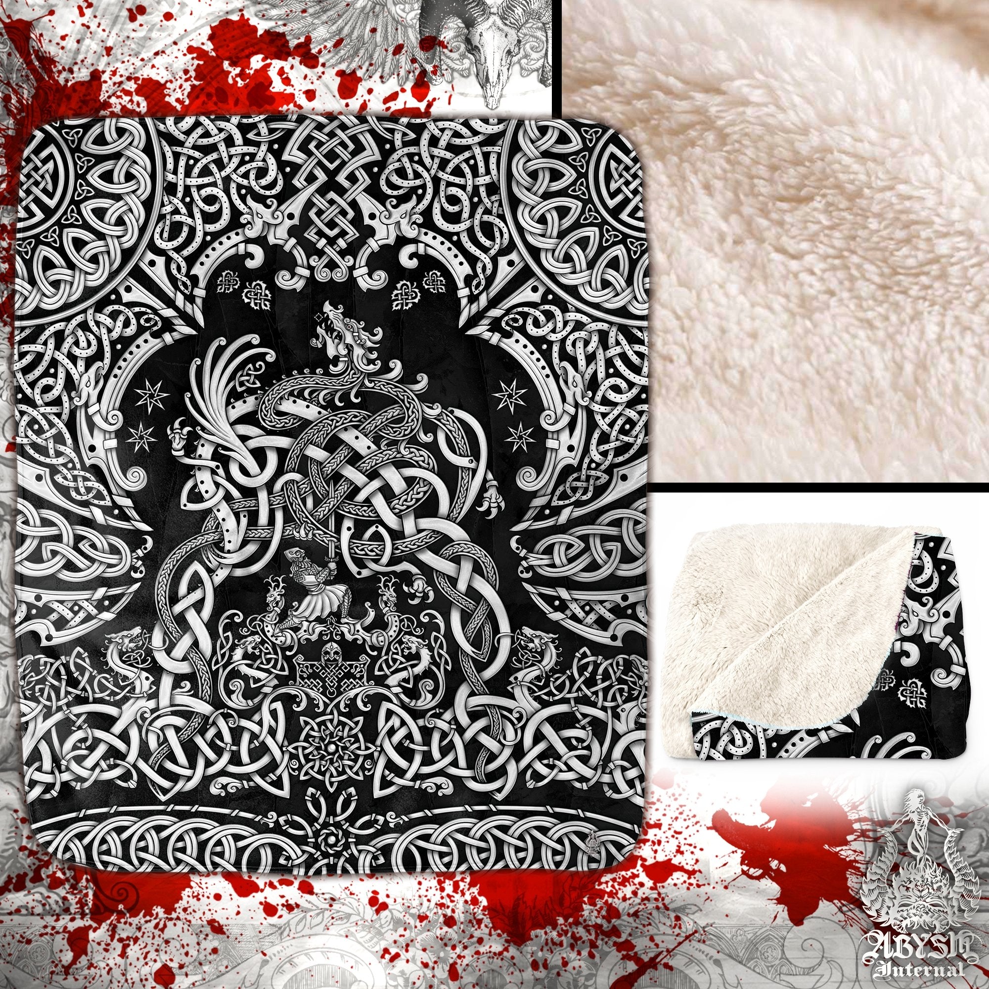 Viking Throw Fleece Blanket, Norse Mythology, Nordic Art, Pagan Decor, Dragon Fafnir - White Black - Abysm Internal