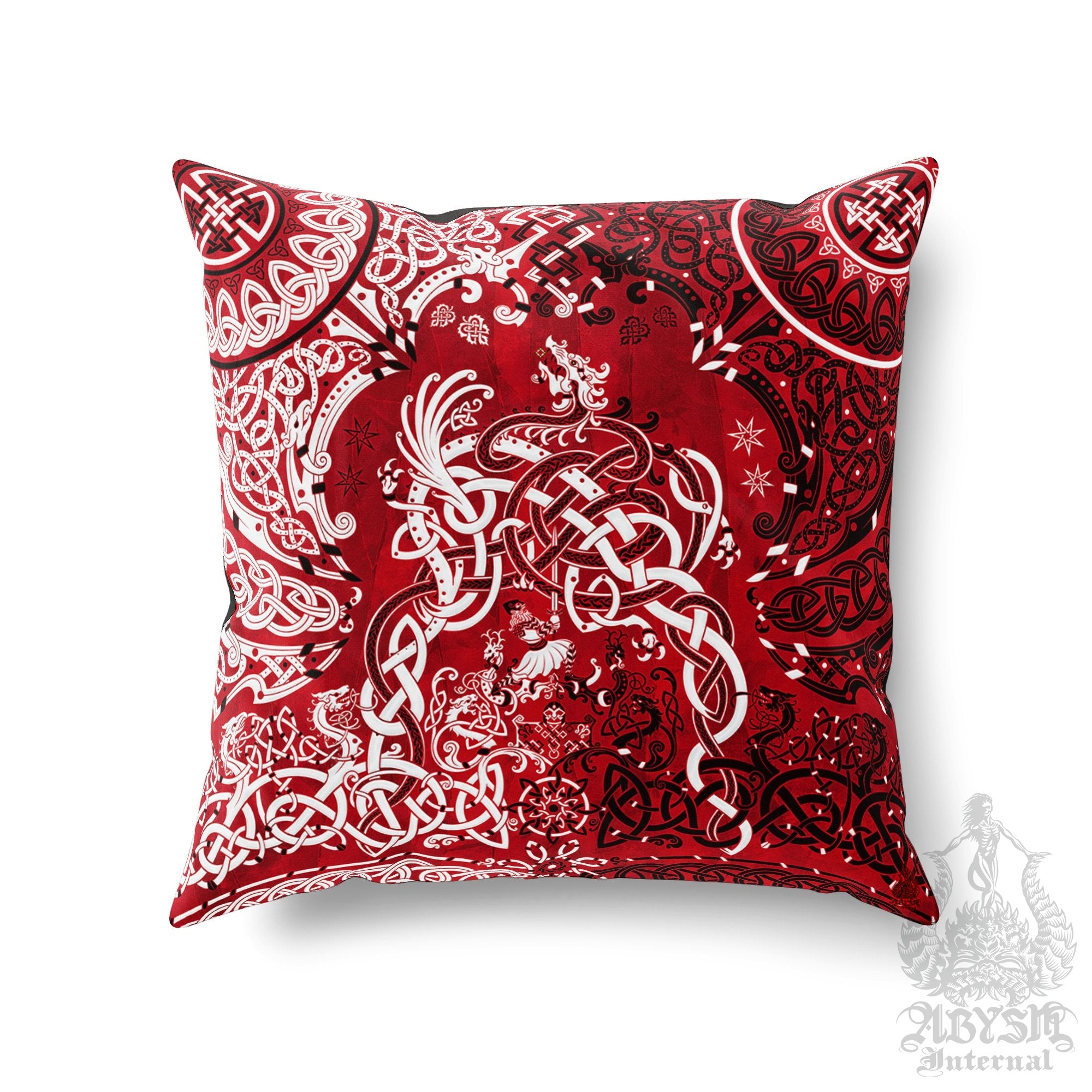 Viking Throw Pillow, Decorative Accent Cushion, Gamer Room Decor, Dragon Fafnir, Nordic Art, Alternative Home - Bloody Red Goth - Abysm Internal