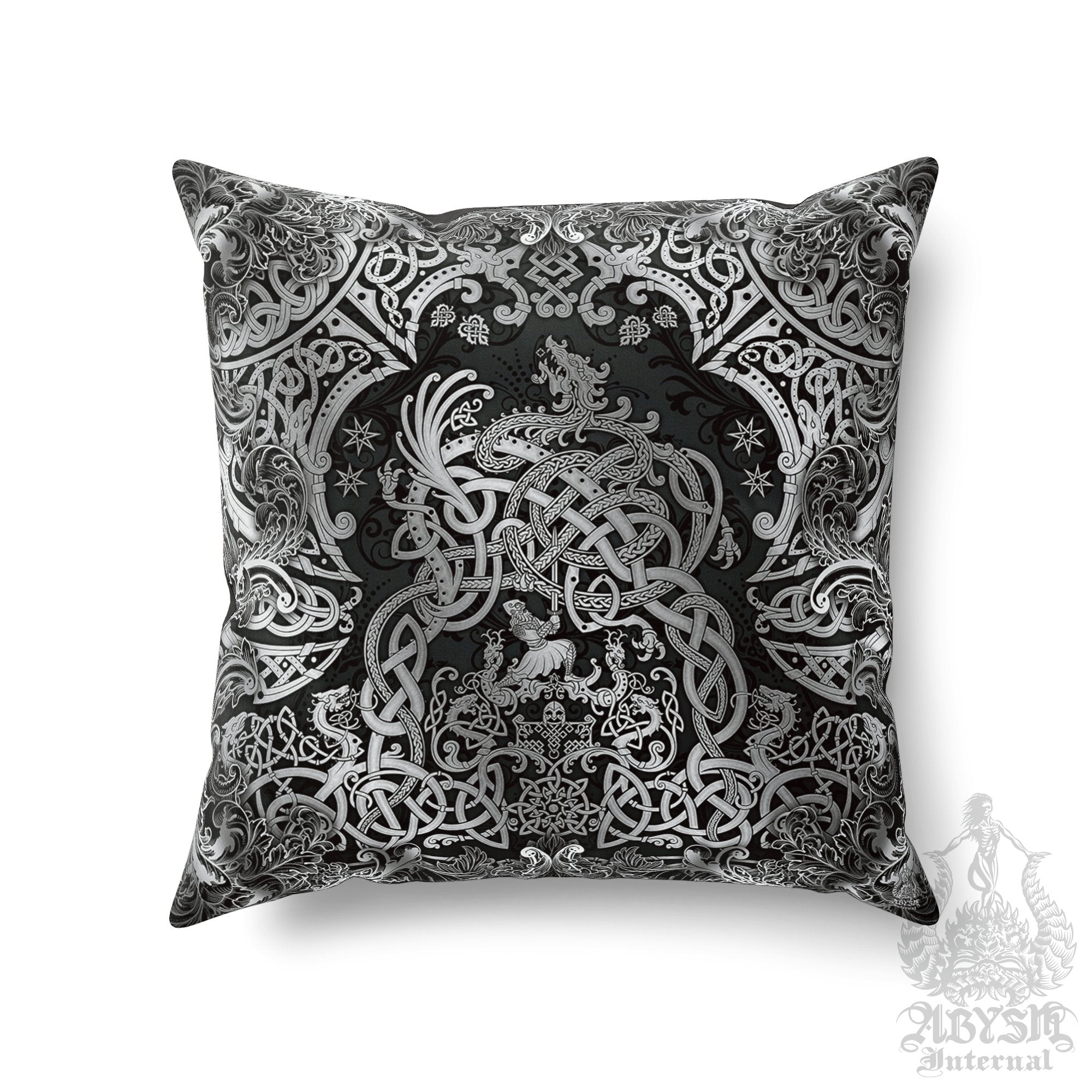 Viking Throw Pillow, Decorative Accent Cushion, Gamer Room Decor, Dragon Fafnir, Nordic Art, Alternative Home - Dark - Abysm Internal