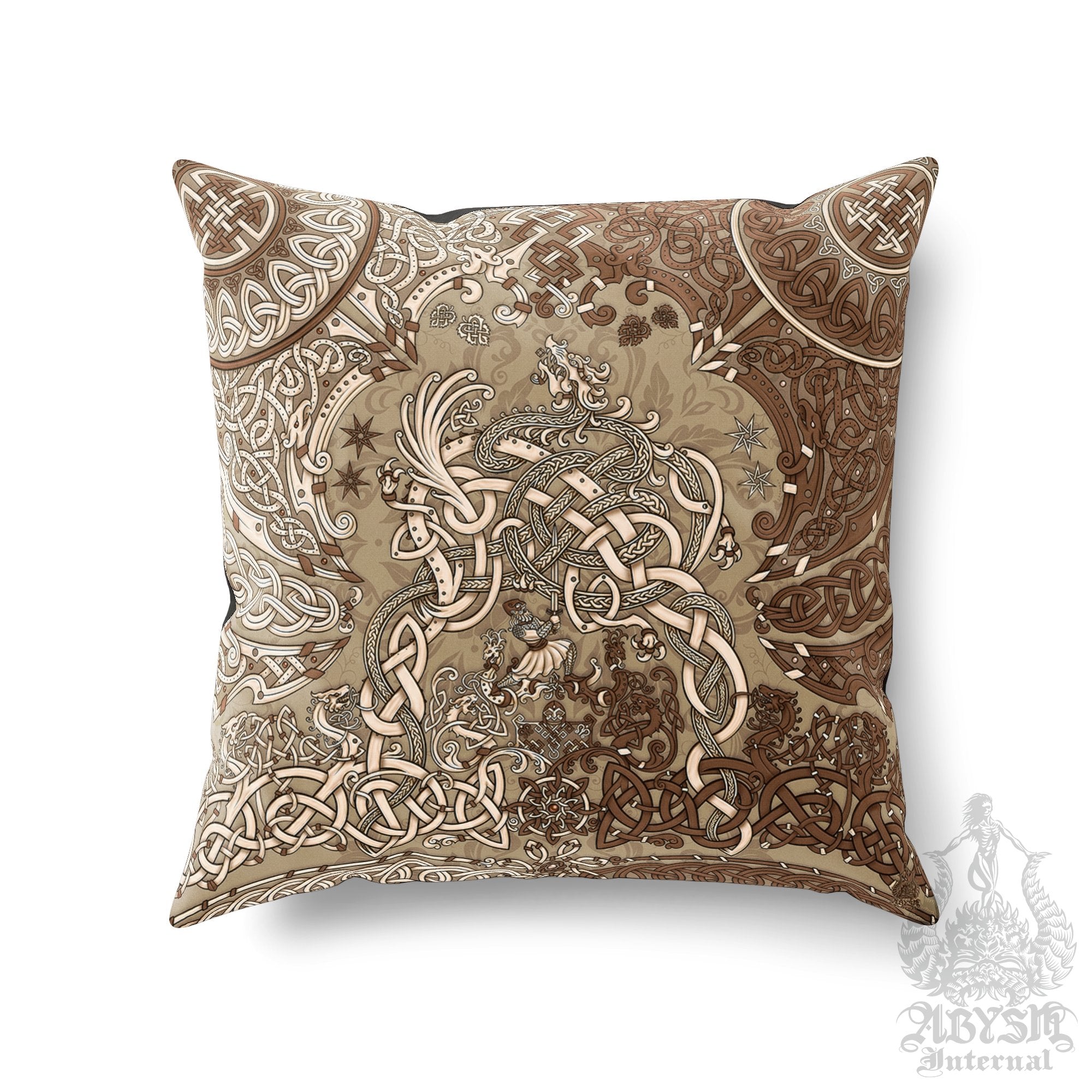 Viking Throw Pillow, Decorative Accent Cushion, Gamer Room Decor, Dragon Fafnir, Nordic Art, Alternative Home, Funky and Eclectic - Cream - Abysm Internal