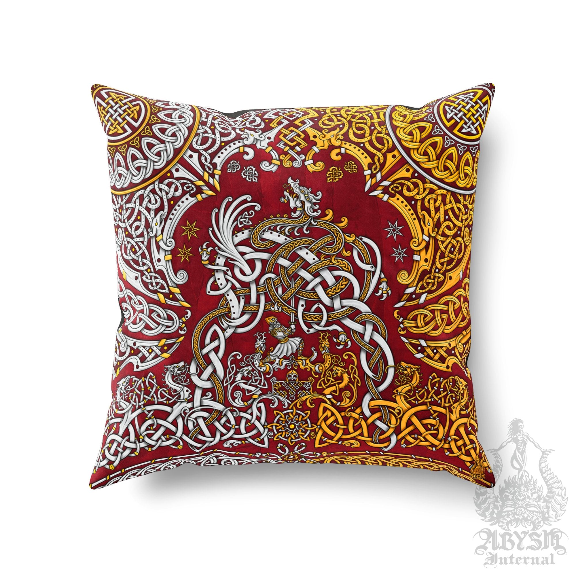 Viking Throw Pillow, Decorative Accent Cushion, Gamer Room Decor, Dragon Fafnir, Nordic Art, Alternative Home - Gold Red - Abysm Internal