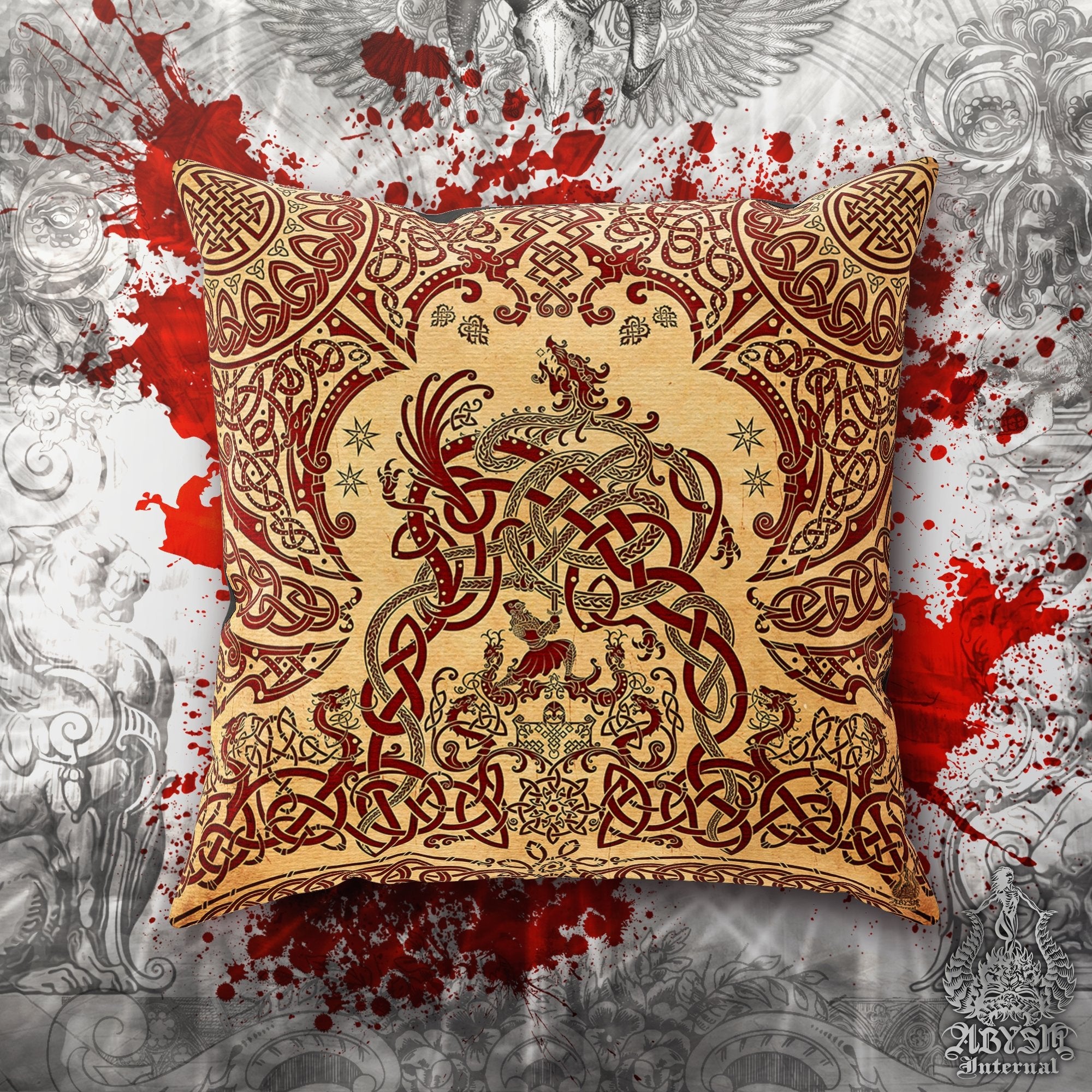 Viking Throw Pillow, Decorative Accent Cushion, Gamer Room Decor, Dragon Fafnir, Nordic Art, Alternative Home - Paper - Abysm Internal