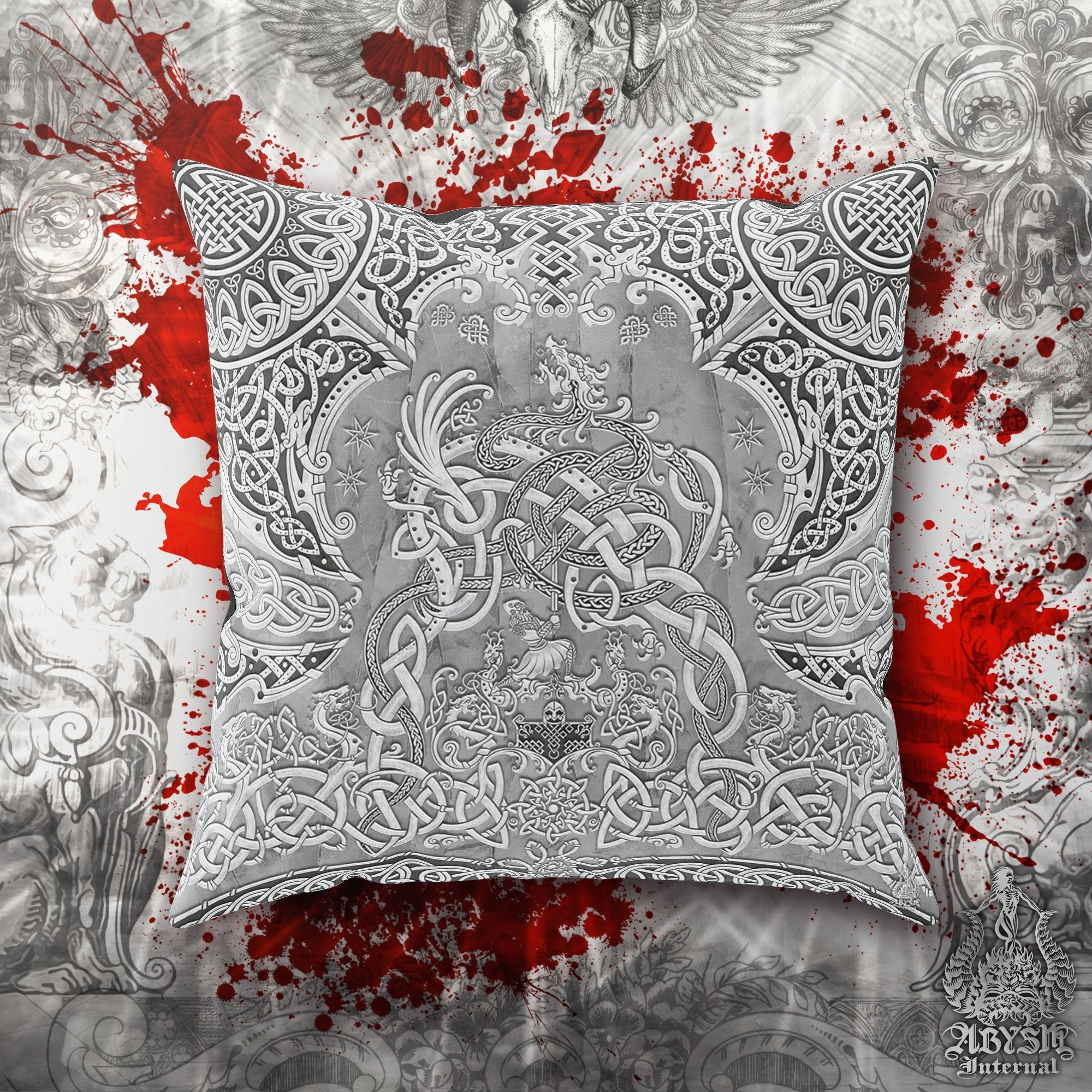 Viking Throw Pillow, Decorative Accent Cushion, Gamer Room Decor, Dragon Fafnir, Nordic Art, Alternative Home - Stone - Abysm Internal