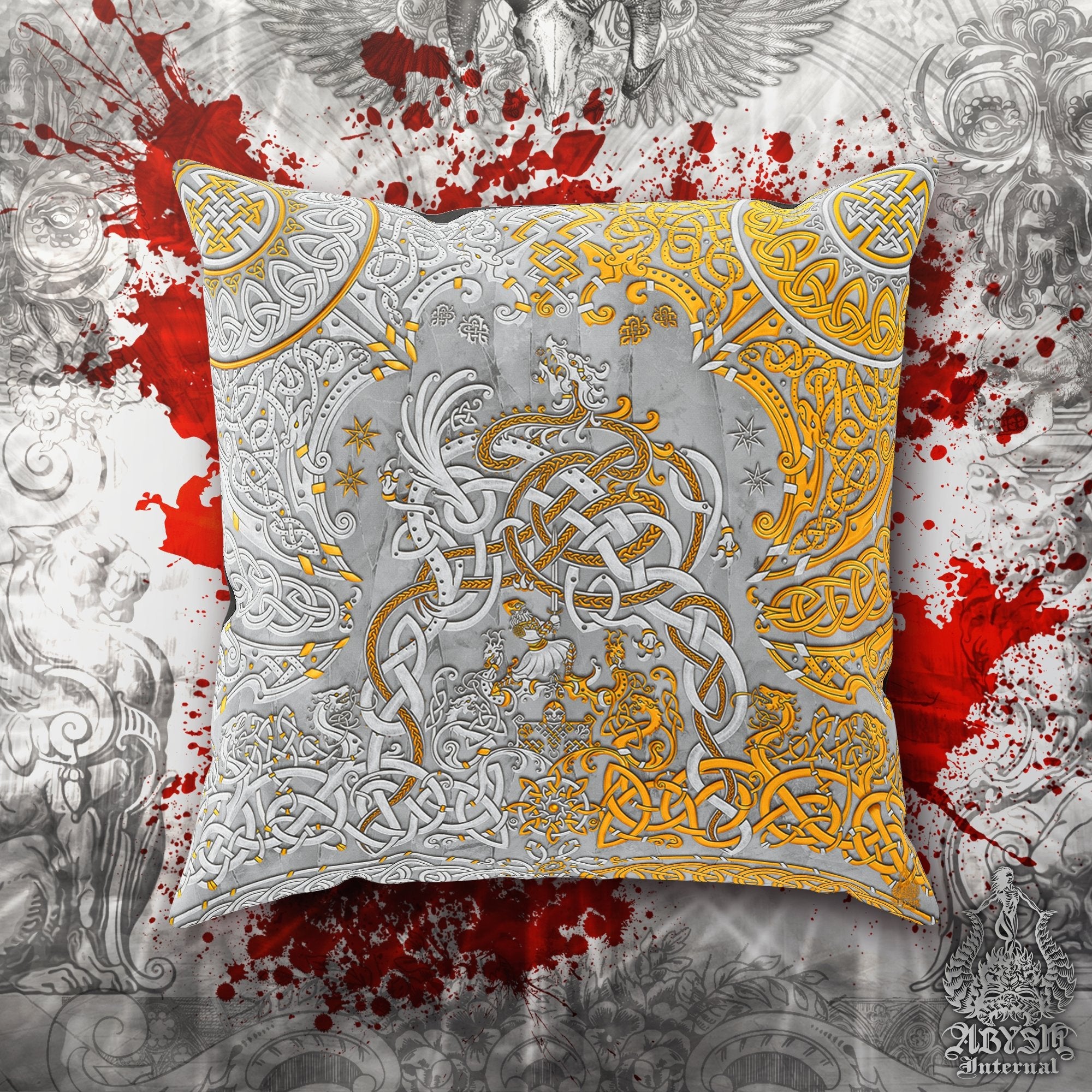 Viking Throw Pillow, Decorative Accent Cushion, Gamer Room Decor, Dragon Fafnir, Nordic Art, Alternative Home - Stone Gold - Abysm Internal