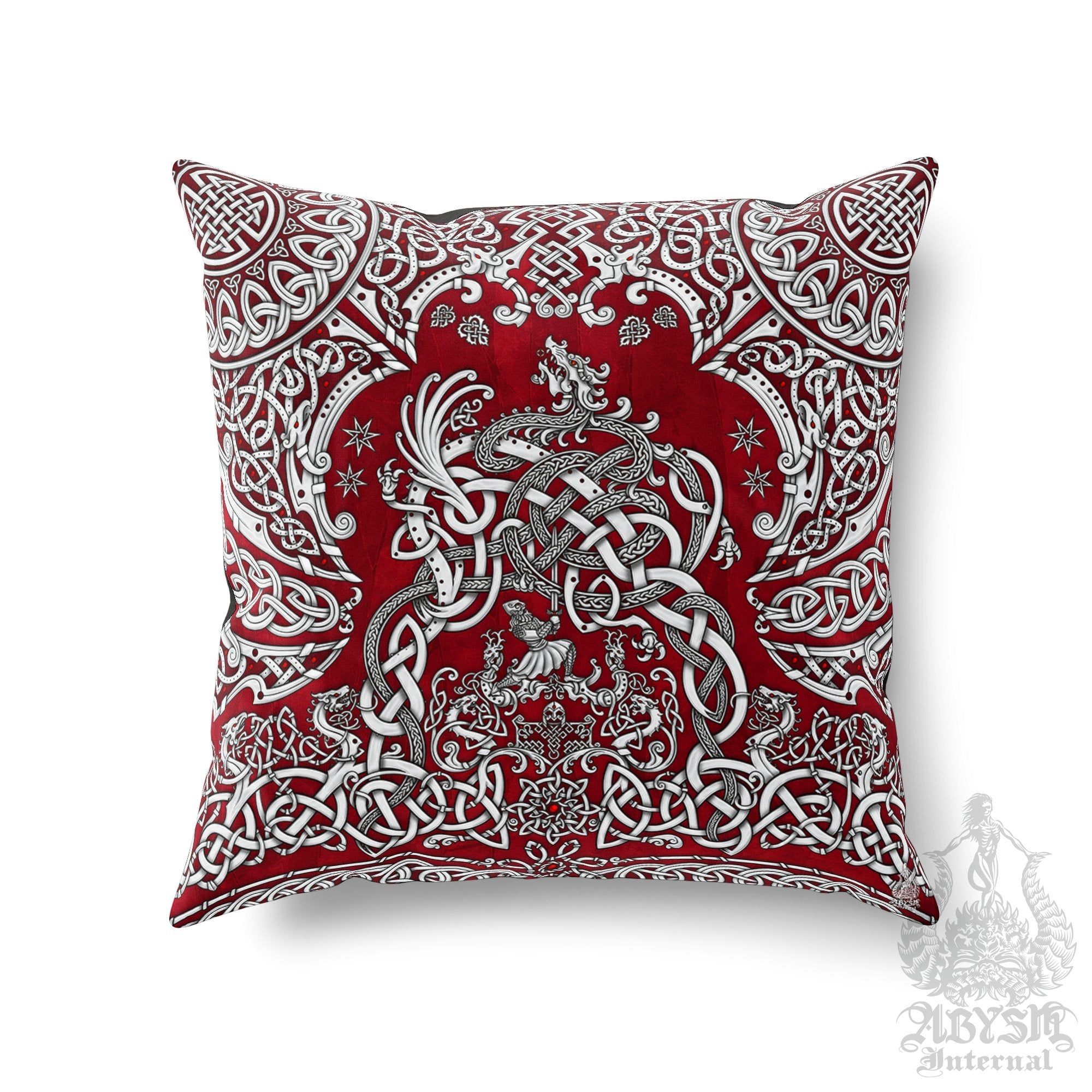 Viking Throw Pillow, Decorative Accent Cushion, Gamer Room Decor, Dragon Fafnir, Nordic Art, Alternative Home - White Red - Abysm Internal