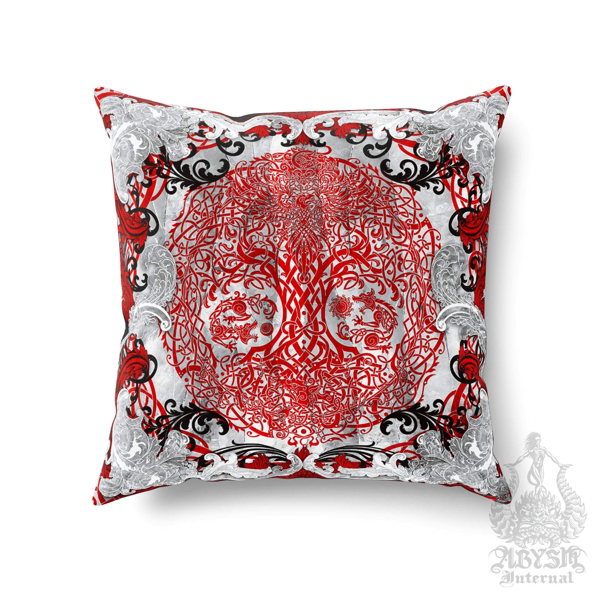 Viking Throw Pillow, Decorative Accent Cushion, Yggdrasil, Goth Room Decor, Nordic Art, Alternative Home - Tree of Life, Bloody White - Abysm Internal