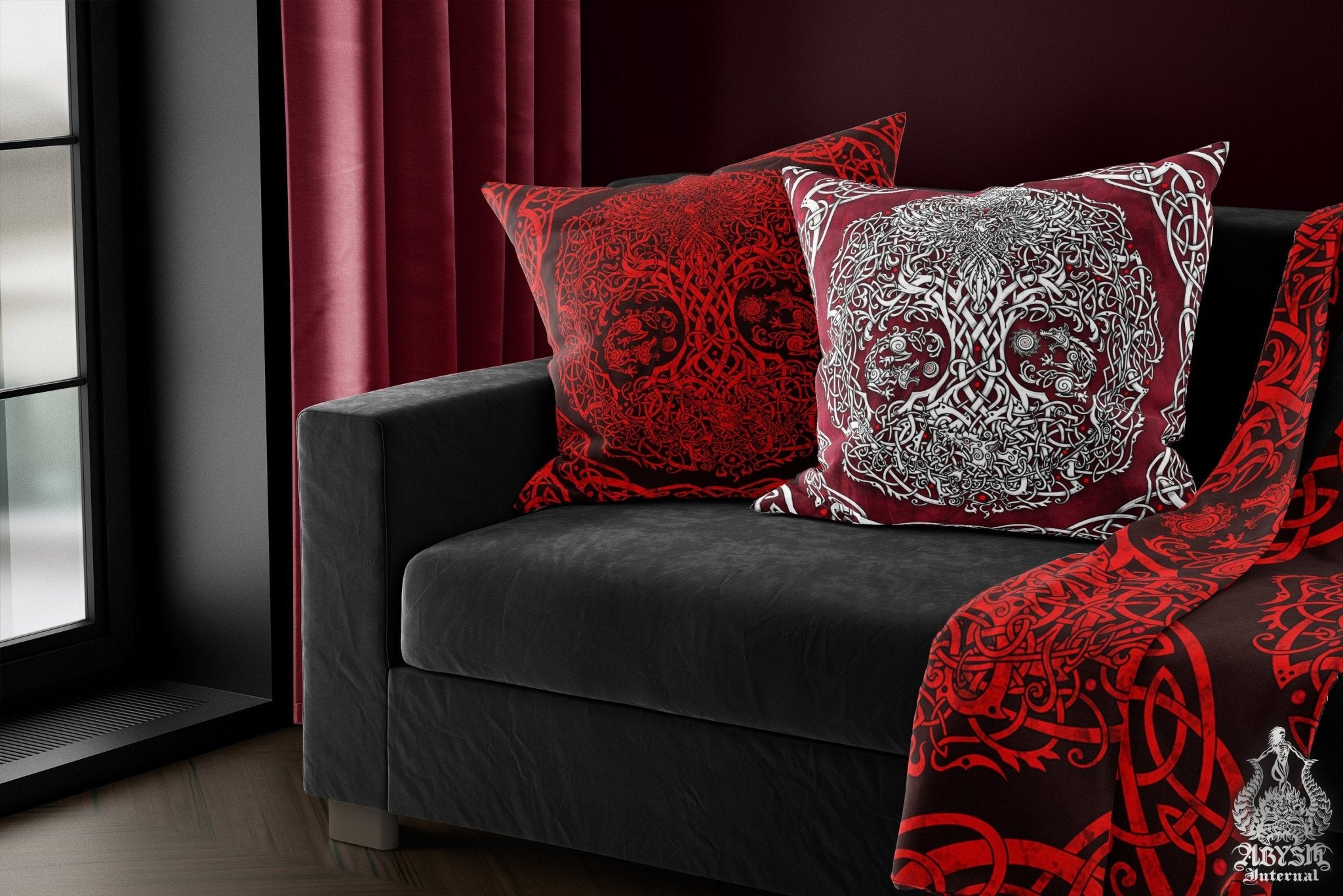 Viking Throw Pillow, Decorative Accent Cushion, Yggdrasil, Goth Room Decor, Nordic Art, Alternative Home - Tree of Life, Red & Black - Abysm Internal