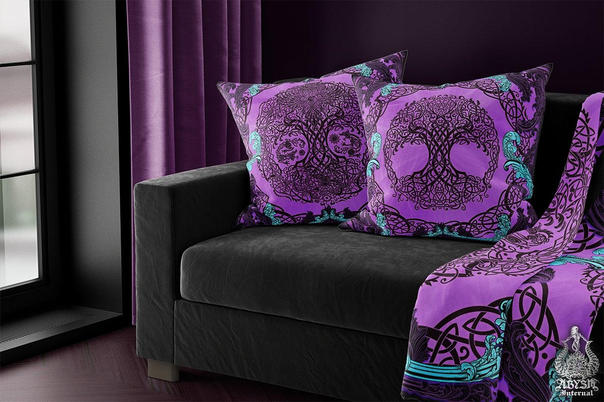 Viking Throw Pillow, Decorative Accent Cushion, Yggdrasil, Nordic Room Decor, Tree of Life, Alternative Home - Pastel Goth, Purple - Abysm Internal