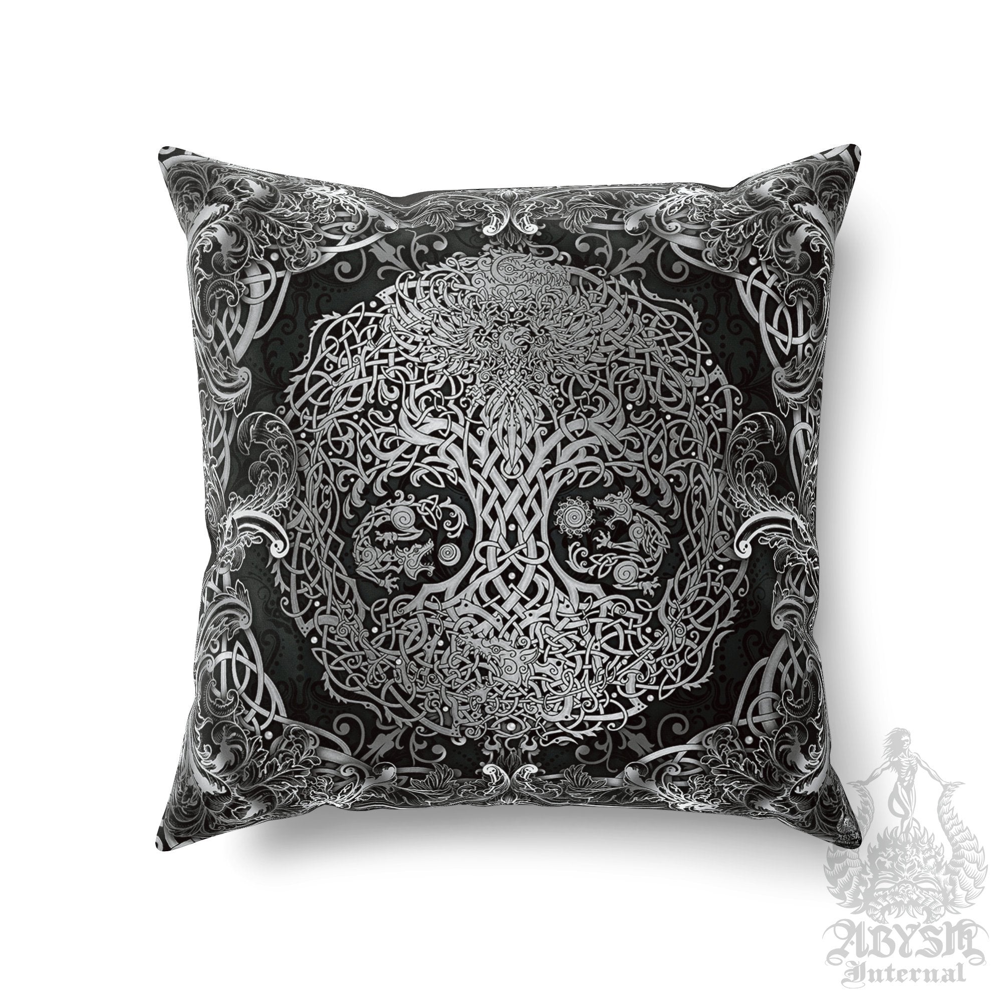 Viking Throw Pillow, Decorative Accent Cushion, Yggdrasil, Norse Decor, Nordic Art, Alternative Home - Tree of Life, Dark - Abysm Internal