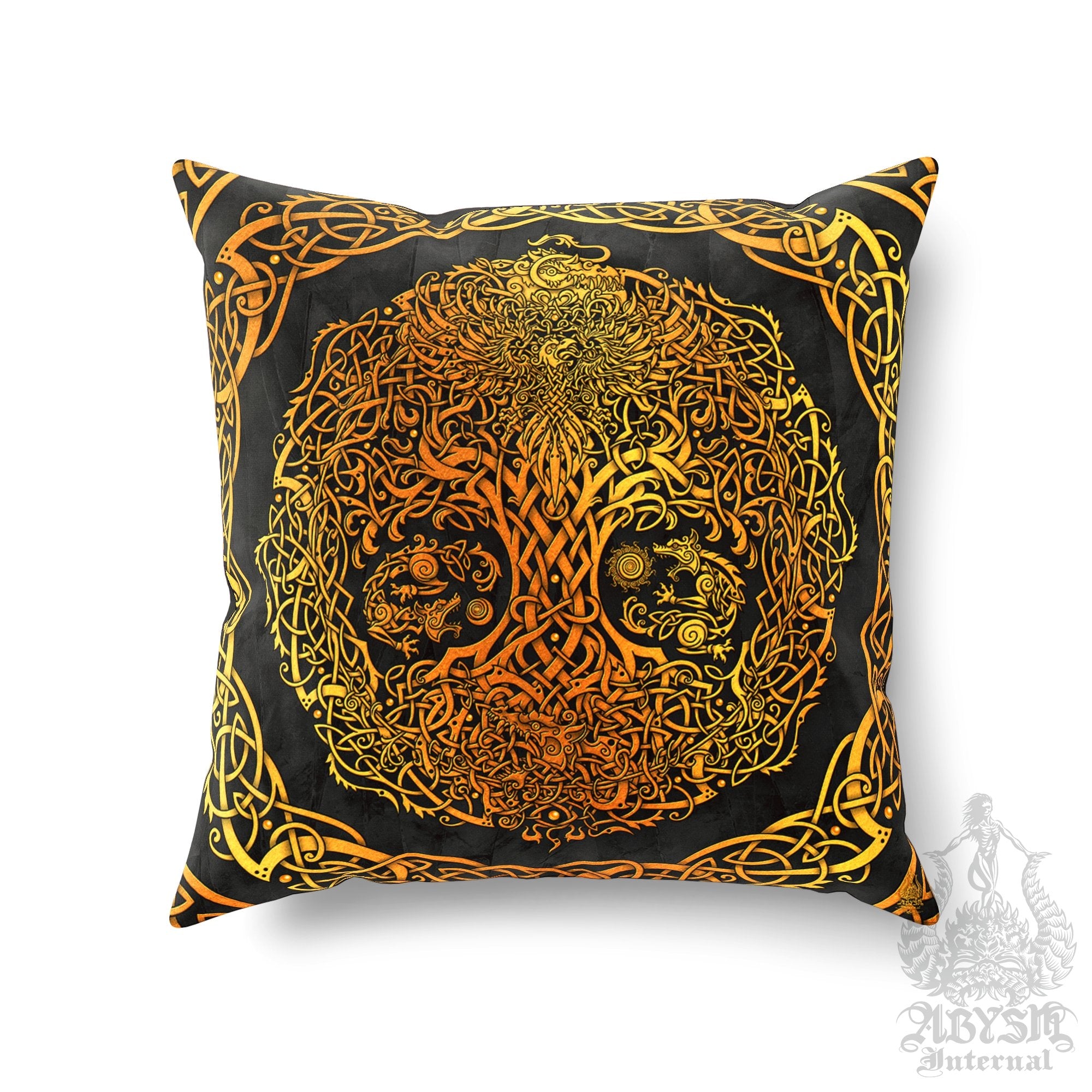 Viking Throw Pillow, Decorative Accent Cushion, Yggdrasil, Norse Decor, Nordic Art, Alternative Home - Tree of Life, Gold & Black - Abysm Internal