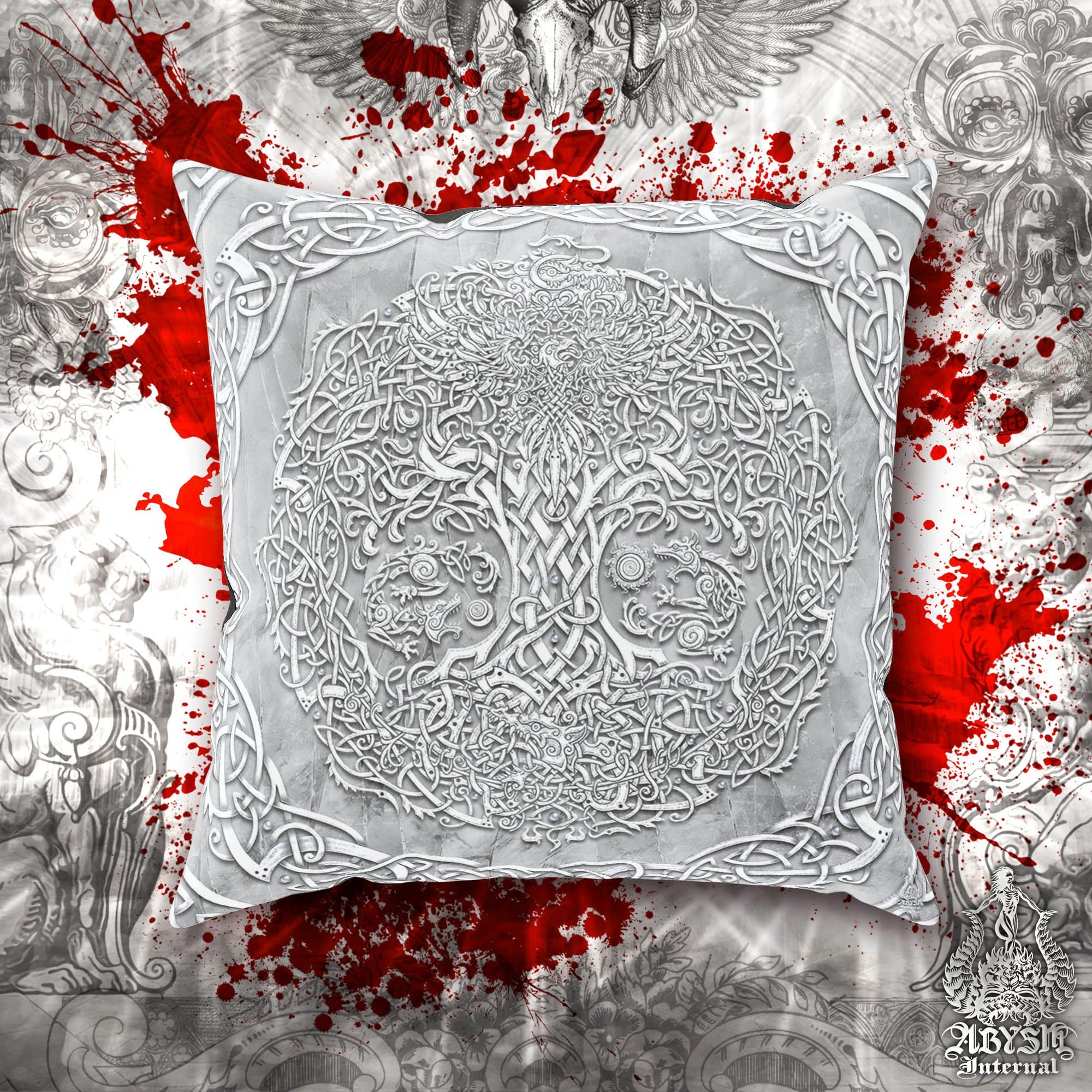 Viking Throw Pillow, Decorative Accent Cushion, Yggdrasil, Norse Decor, Nordic Art, Alternative Home - Tree of Life, Stone - Abysm Internal
