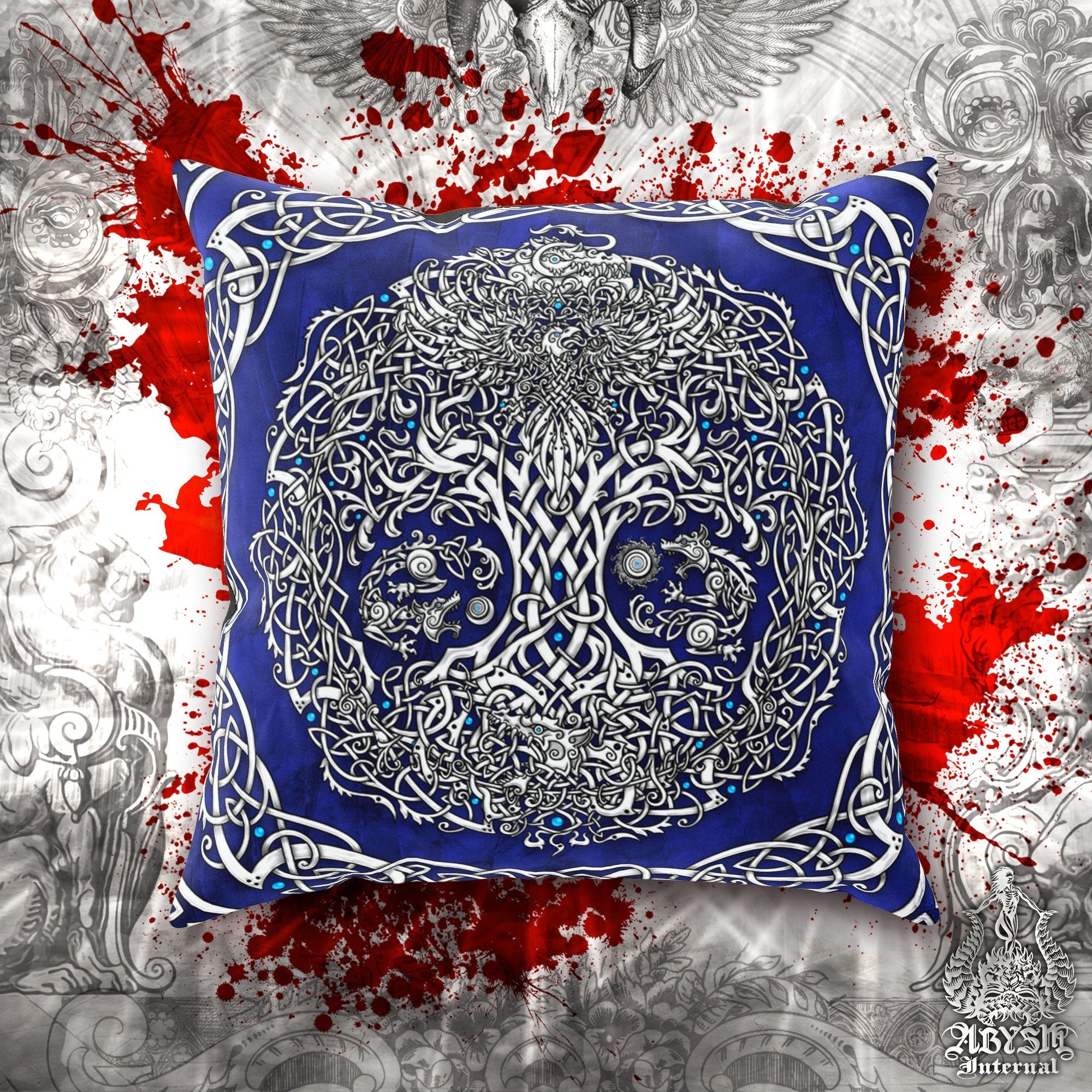 Viking Throw Pillow, Decorative Accent Cushion, Yggdrasil, Norse Decor, Nordic Art, Alternative Home - Tree of Life, White & Blue - Abysm Internal