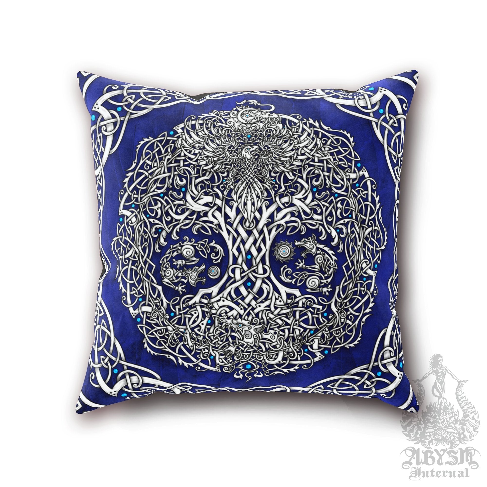 Viking Throw Pillow, Decorative Accent Cushion, Yggdrasil, Norse Decor, Nordic Art, Alternative Home - Tree of Life, White & Blue - Abysm Internal