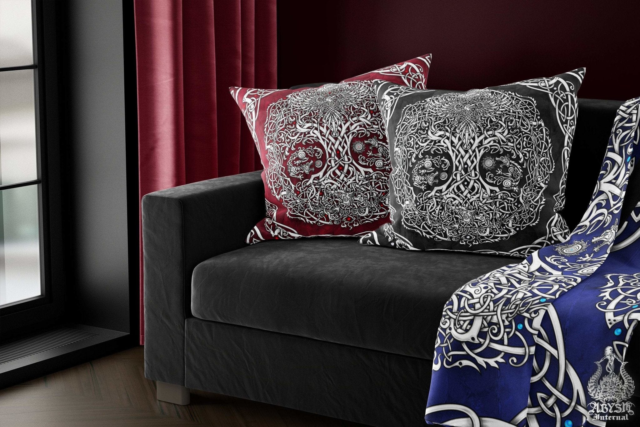 Viking Throw Pillow, Decorative Accent Cushion, Yggdrasil, Norse Decor, Nordic Art, Alternative Home - Tree of Life, White & Blue - Abysm Internal