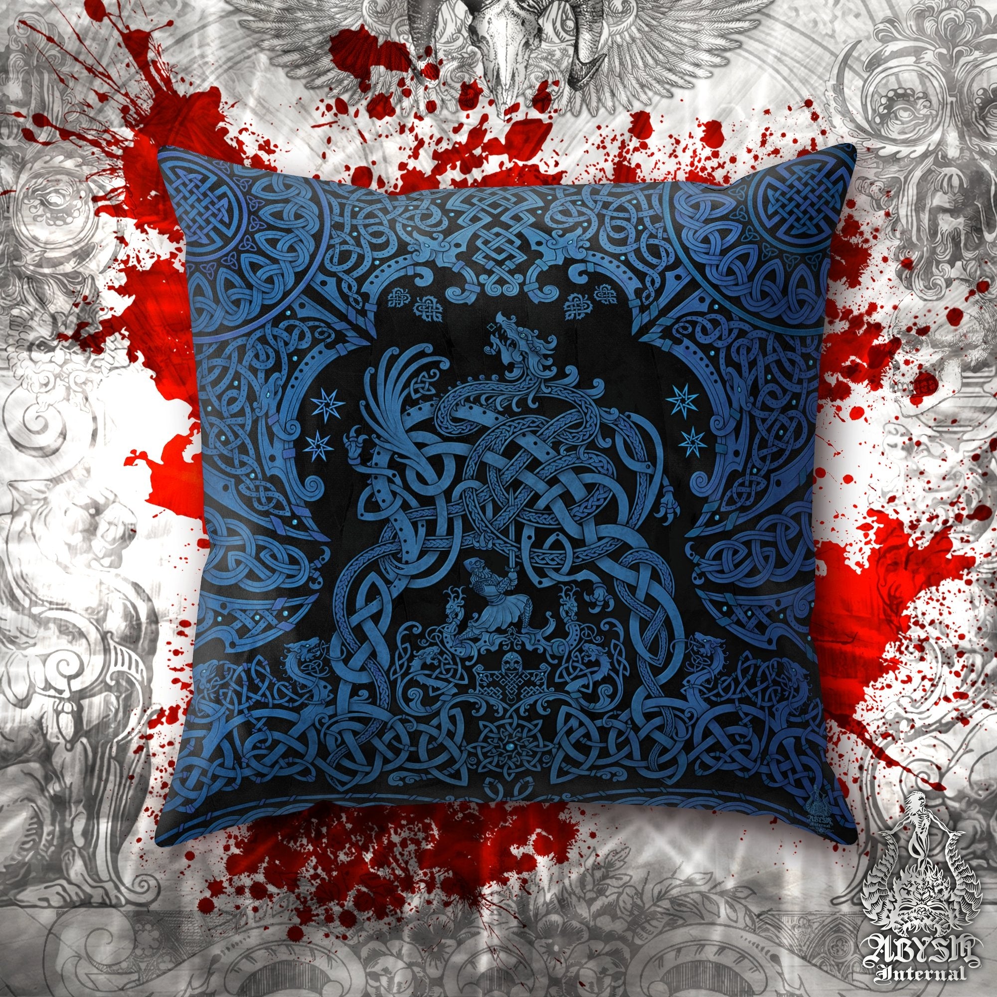 Viking Throw Pillow, Norse Decorative Accent Cushion, Gamer Room Decor, Dragon Fafnir, Nordic Art, Alternative Home - Black Blue - Abysm Internal