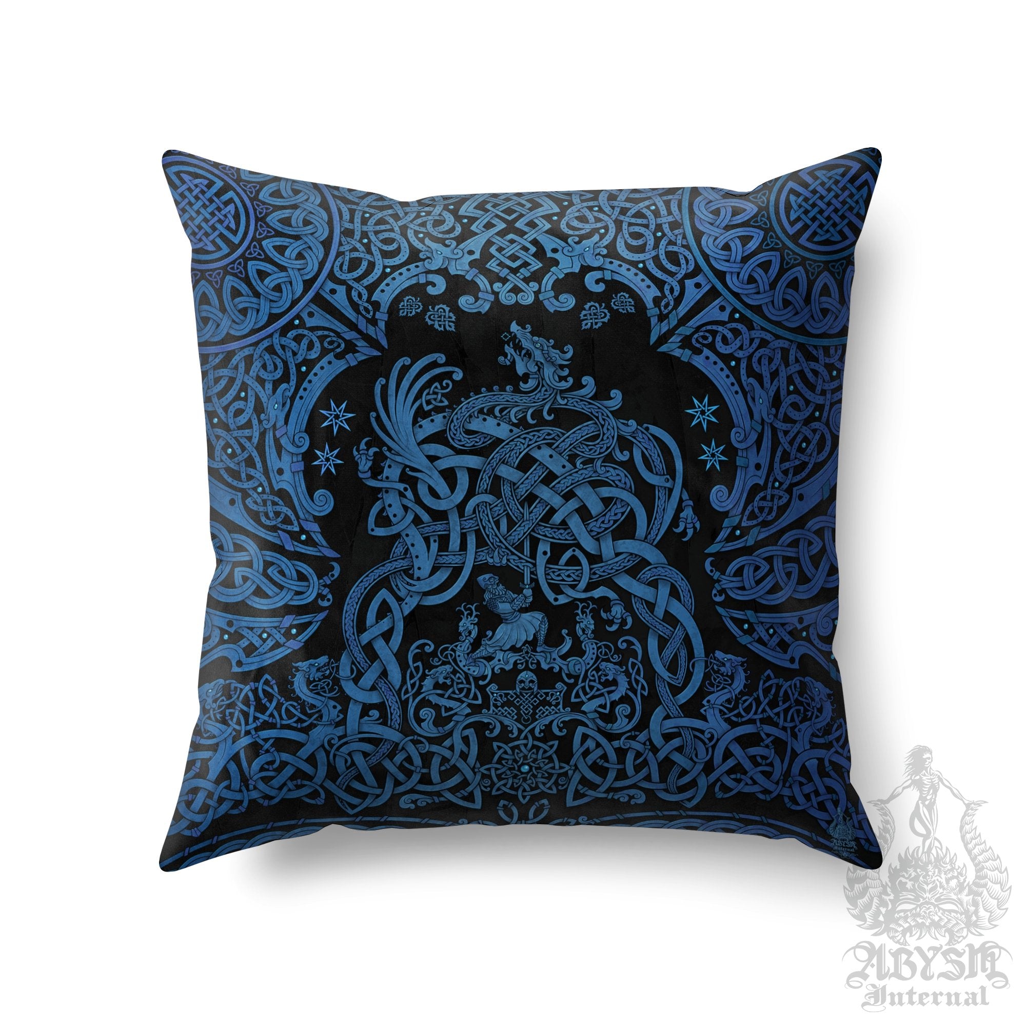 Viking Throw Pillow, Norse Decorative Accent Cushion, Gamer Room Decor, Dragon Fafnir, Nordic Art, Alternative Home - Black Blue - Abysm Internal