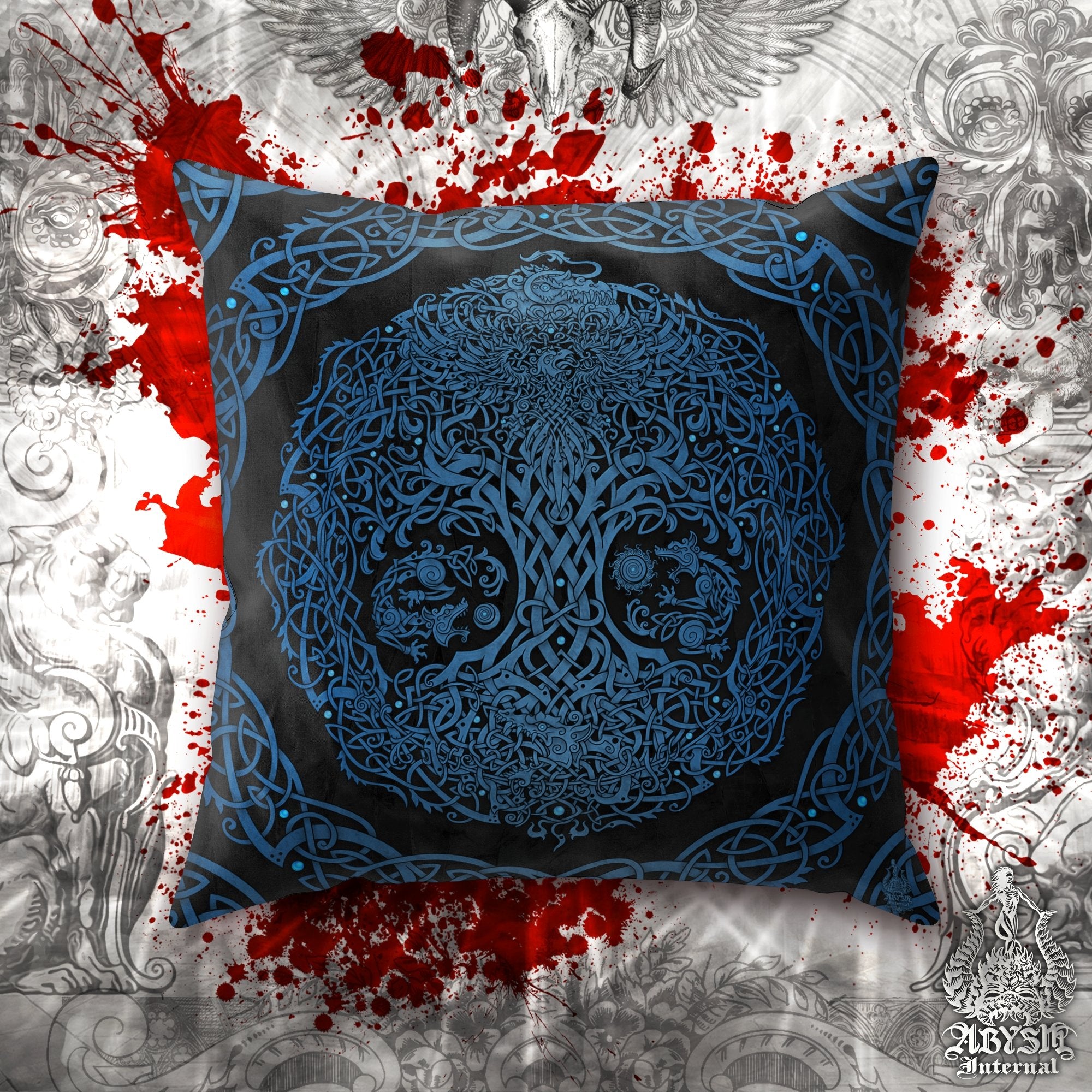 Viking Throw Pillow, Norse Decorative Accent Cushion, Yggdrasil, Gamer Room Decor, Nordic Art, Alternative Home - Tree of Life, Black & Blue - Abysm Internal