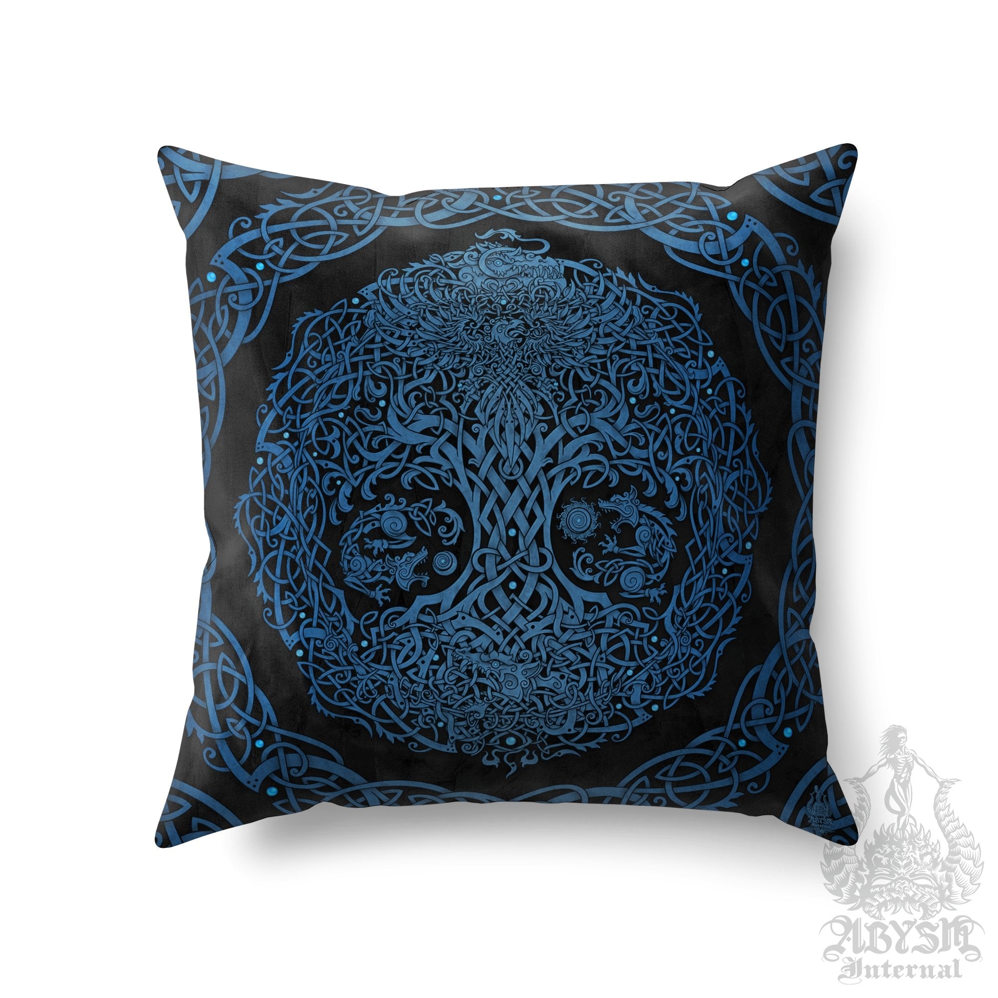 Viking Throw Pillow, Norse Decorative Accent Cushion, Yggdrasil, Gamer Room Decor, Nordic Art, Alternative Home - Tree of Life, Black & Blue - Abysm Internal