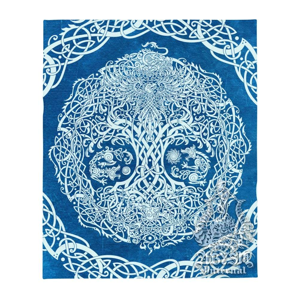 Viking Tree of Life Tapestry, Yggdrasil Wall Hanging, Norse Home Decor, Nordic Art Print - White & Blue - Abysm Internal