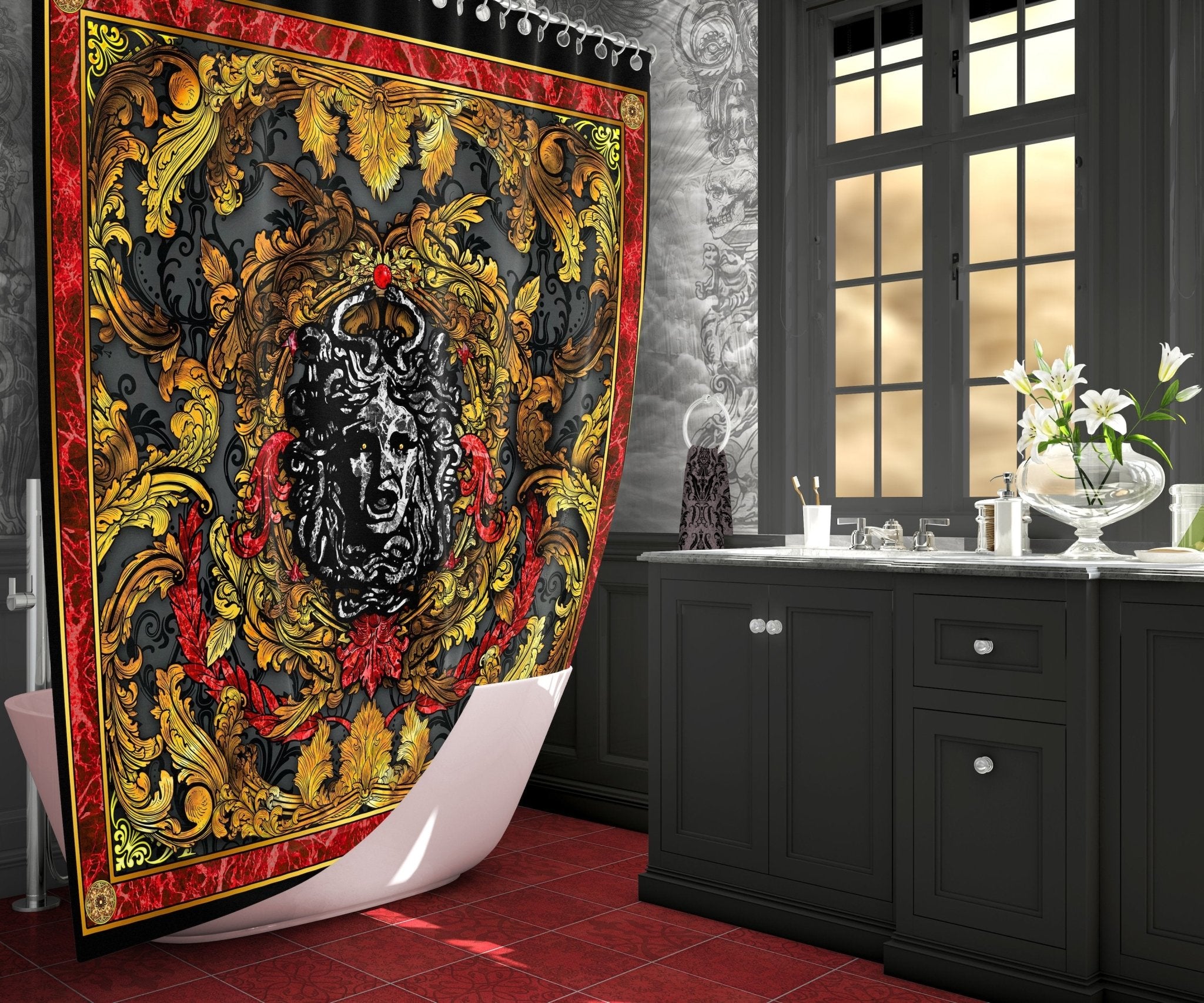 Vintage Shower Curtain, Baroque Bathroom Decor, Victorian Goth, Ornamented Medusa - Abysm Internal