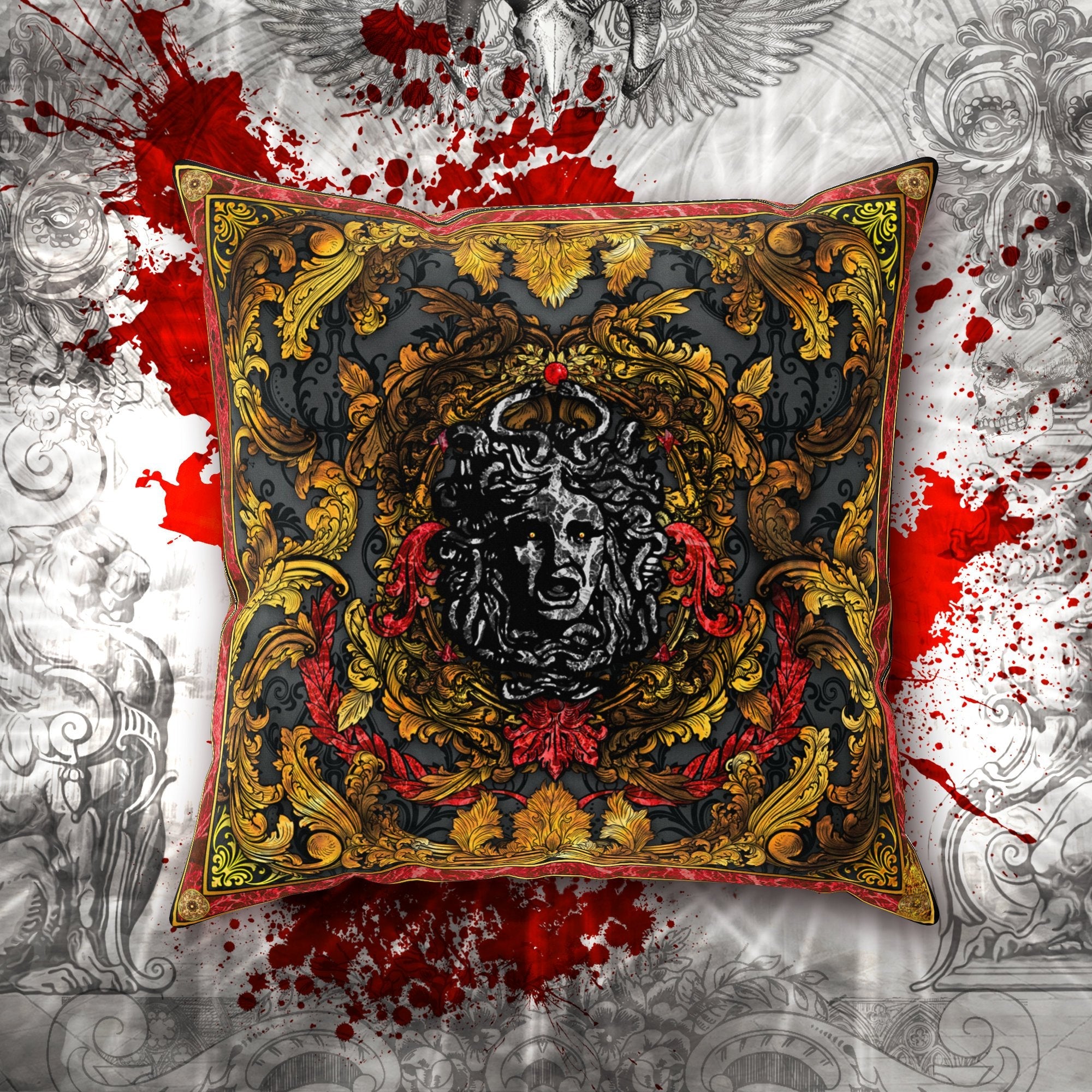 Vintage Throw Pillow, Decorative Accent Cushion, Ornamented Victorian Room Decor, Baroque Medusa, Indie and Eclectic Design - Abysm Internal