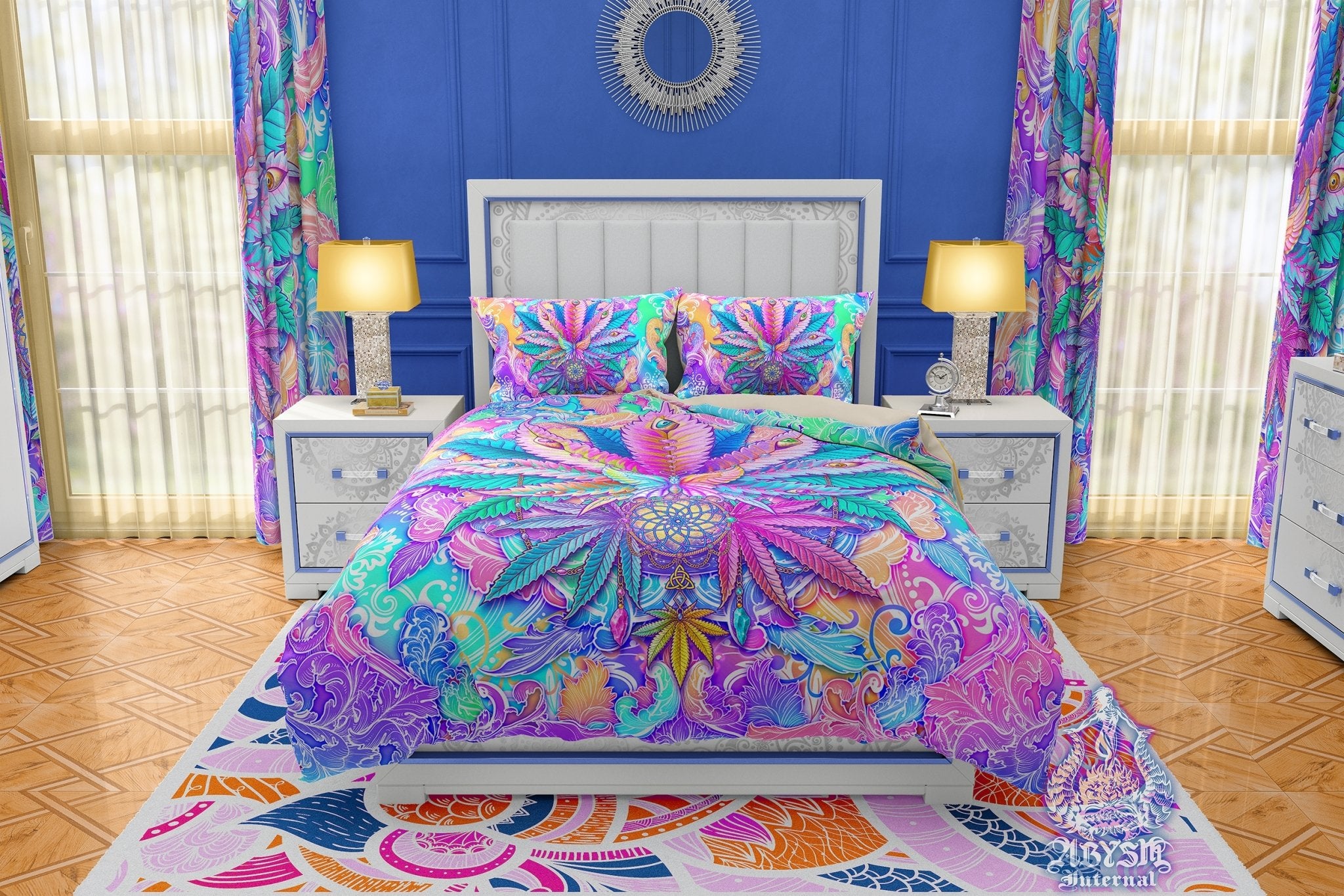 Weed Bedding Set, Comforter and Duvet, Aesthetic Bed Cover, Psychedelic Girl Bedroom Decor, King, Queen and Twin Size, 420 Cannabis Room Art - Marijuana Pastel - Abysm Internal