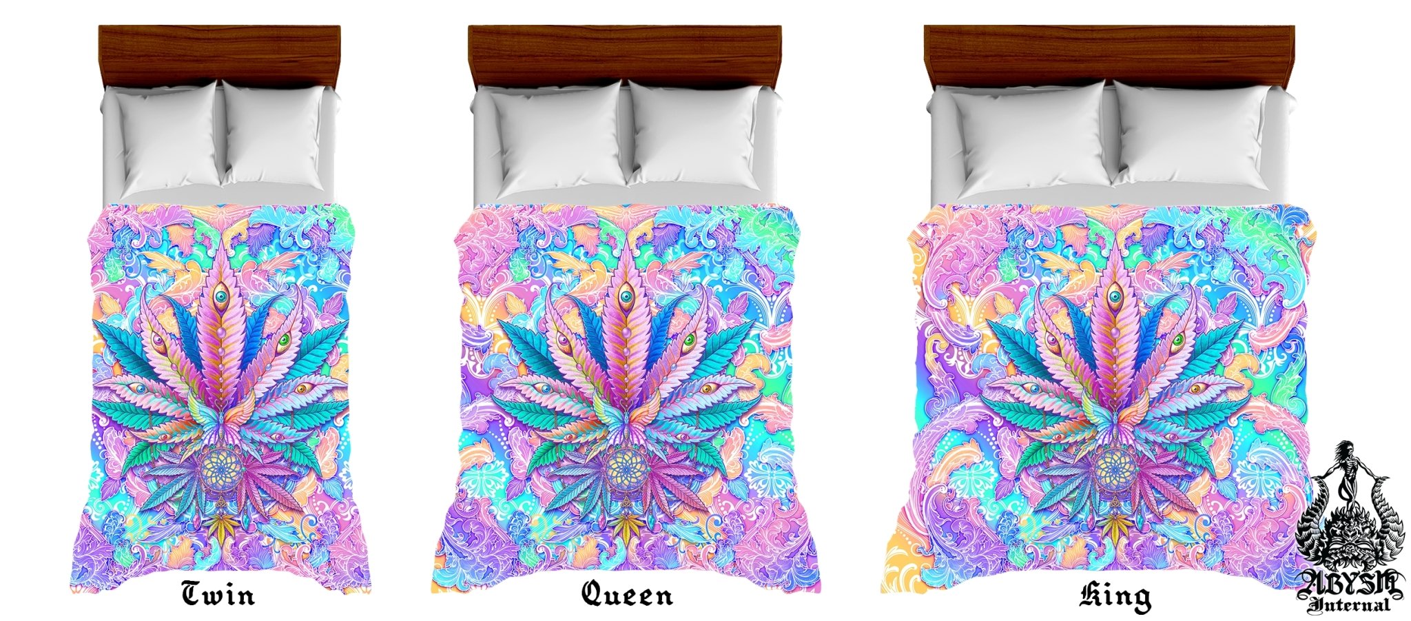 Weed Bedding Set, Comforter and Duvet, Aesthetic Bed Cover, Psychedelic Girl Bedroom Decor, King, Queen and Twin Size, 420 Cannabis Room Art - Marijuana Pastel - Abysm Internal