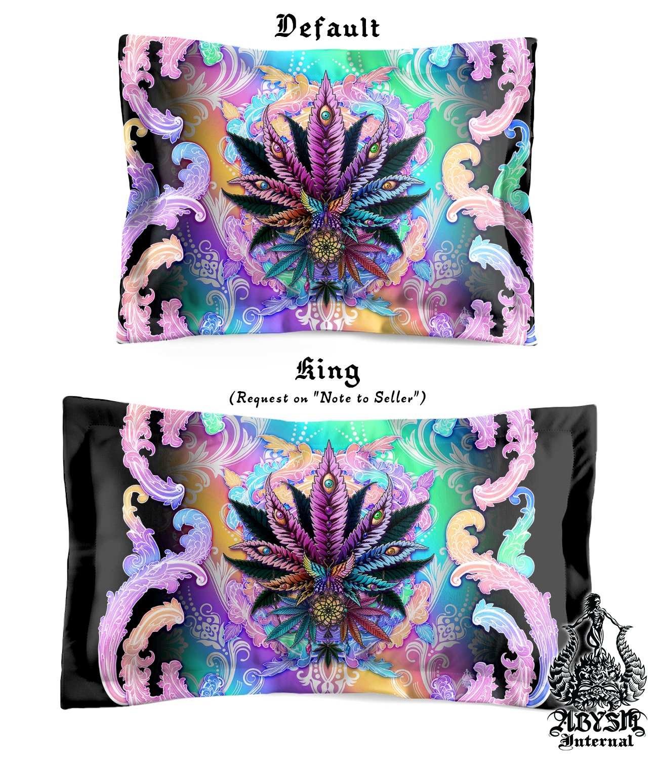 Weed Bedding Set, Comforter and Duvet, Aesthetic Bed Cover, Psychedelic Girl Bedroom Decor, King, Queen and Twin Size, 420 Cannabis Room Art - Marijuana Pastel Black - Abysm Internal