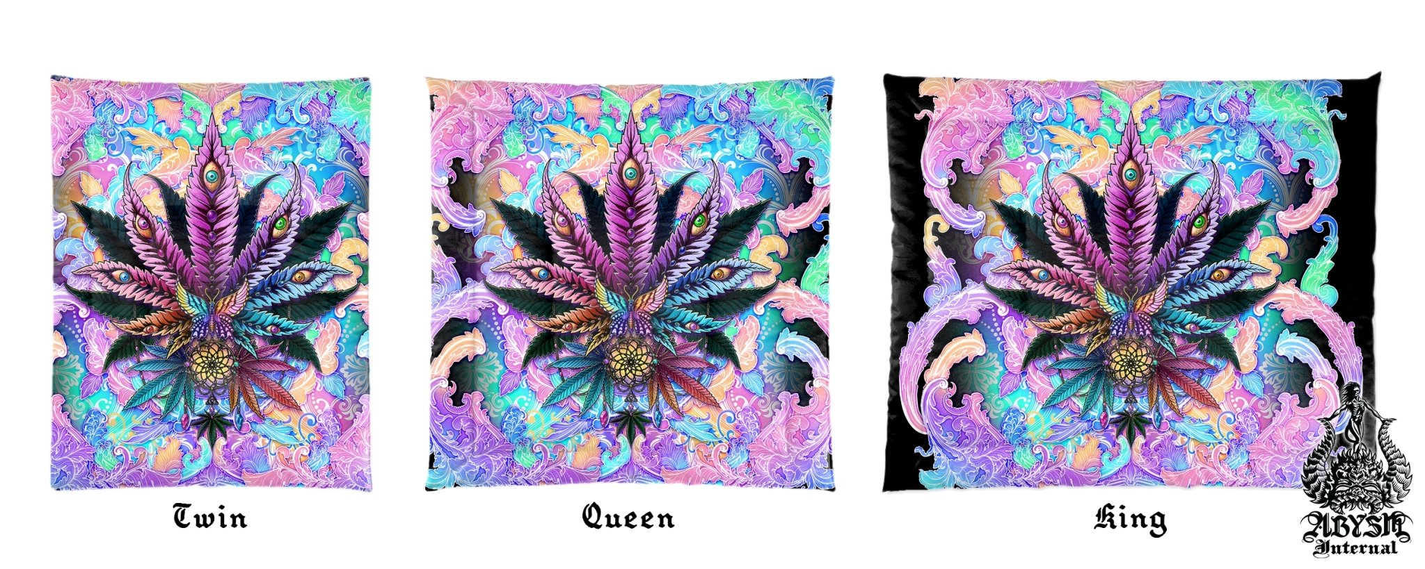 Weed Bedding Set, Comforter and Duvet, Aesthetic Bed Cover, Psychedelic Girl Bedroom Decor, King, Queen and Twin Size, 420 Cannabis Room Art - Marijuana Pastel Black - Abysm Internal