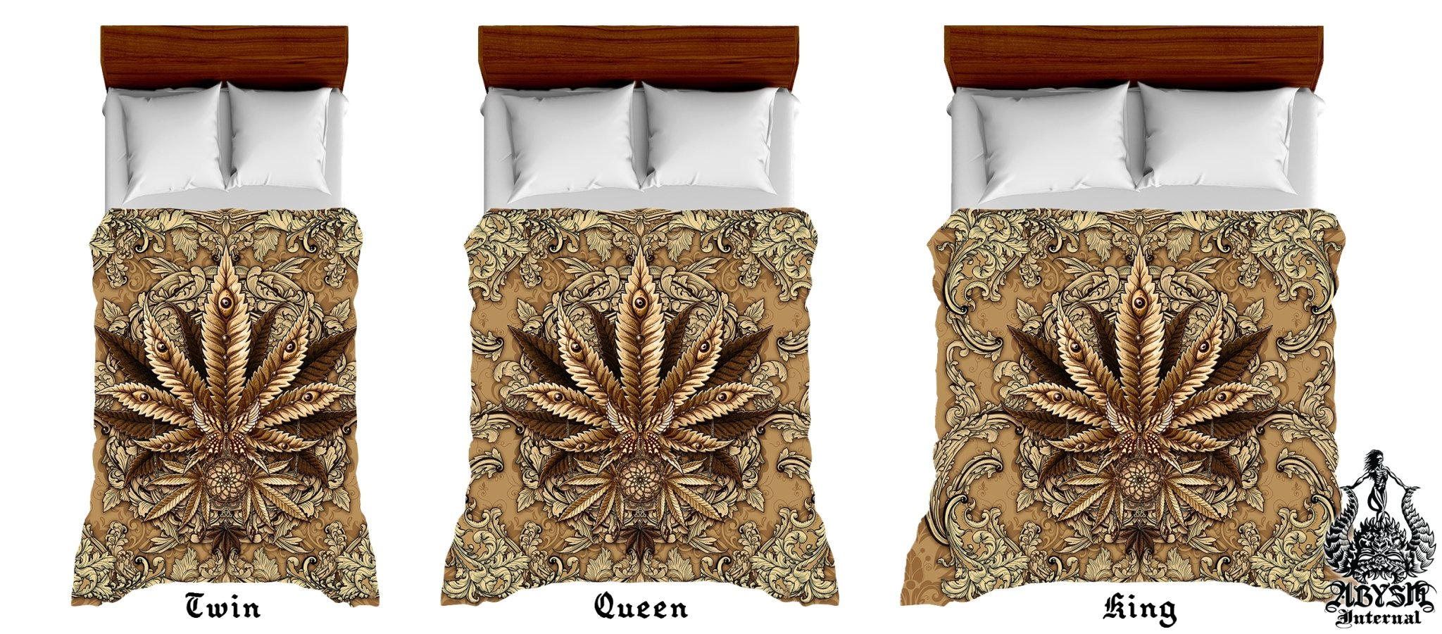 Weed Bedding Set, Comforter and Duvet, Cannabis Bed Cover, Marijuana Bedroom Decor, King, Queen and Twin Size, 420 Room Art - Cream - Abysm Internal