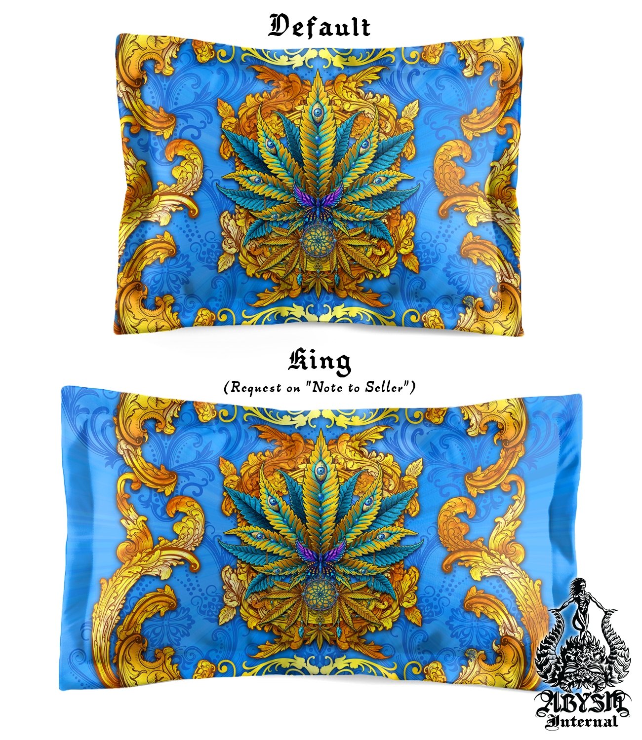 Weed Bedding Set, Comforter and Duvet, Cannabis Bed Cover, Marijuana Bedroom Decor, King, Queen and Twin Size, 420 Room Art - Cyan and Gold - Abysm Internal