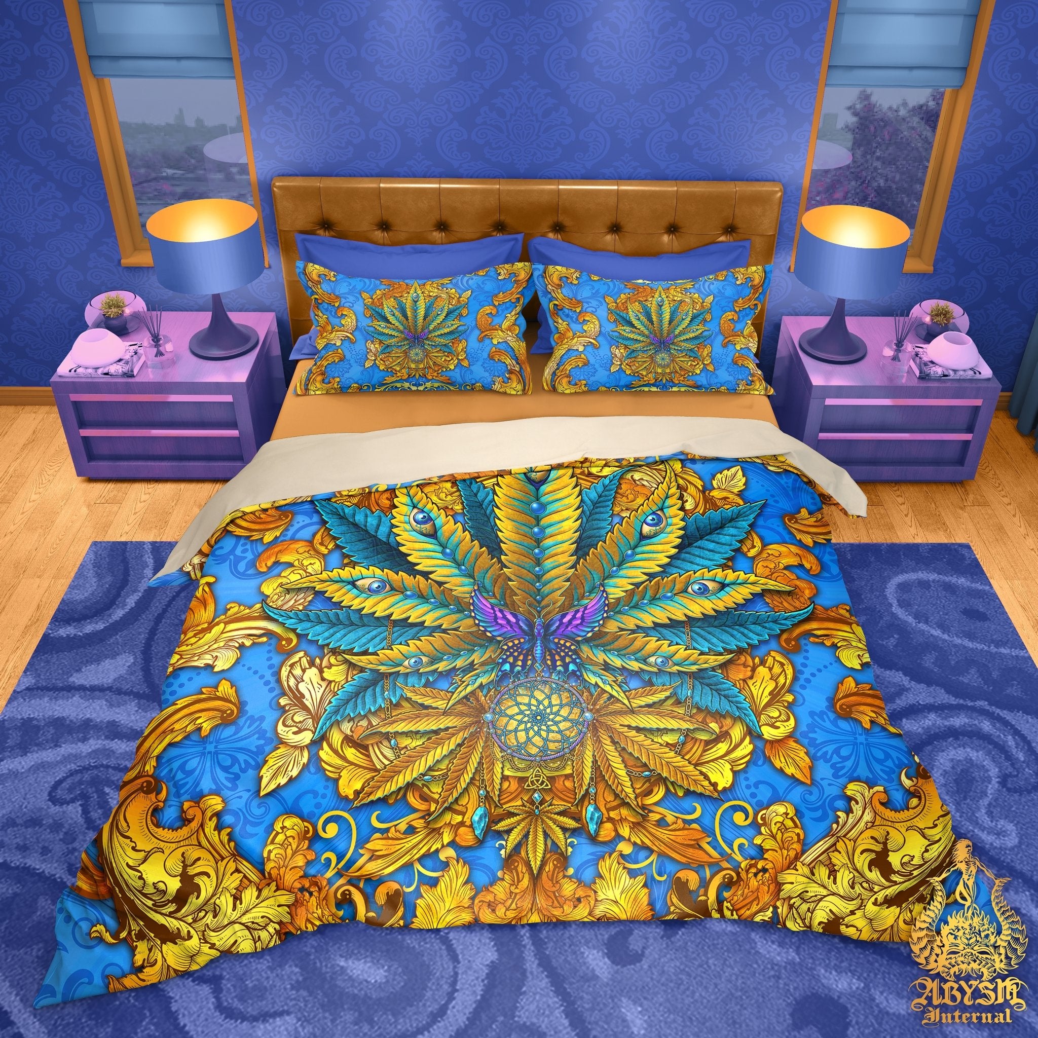 Weed Bedding Set, Comforter and Duvet, Cannabis Bed Cover, Marijuana Bedroom Decor, King, Queen and Twin Size, 420 Room Art - Cyan and Gold - Abysm Internal
