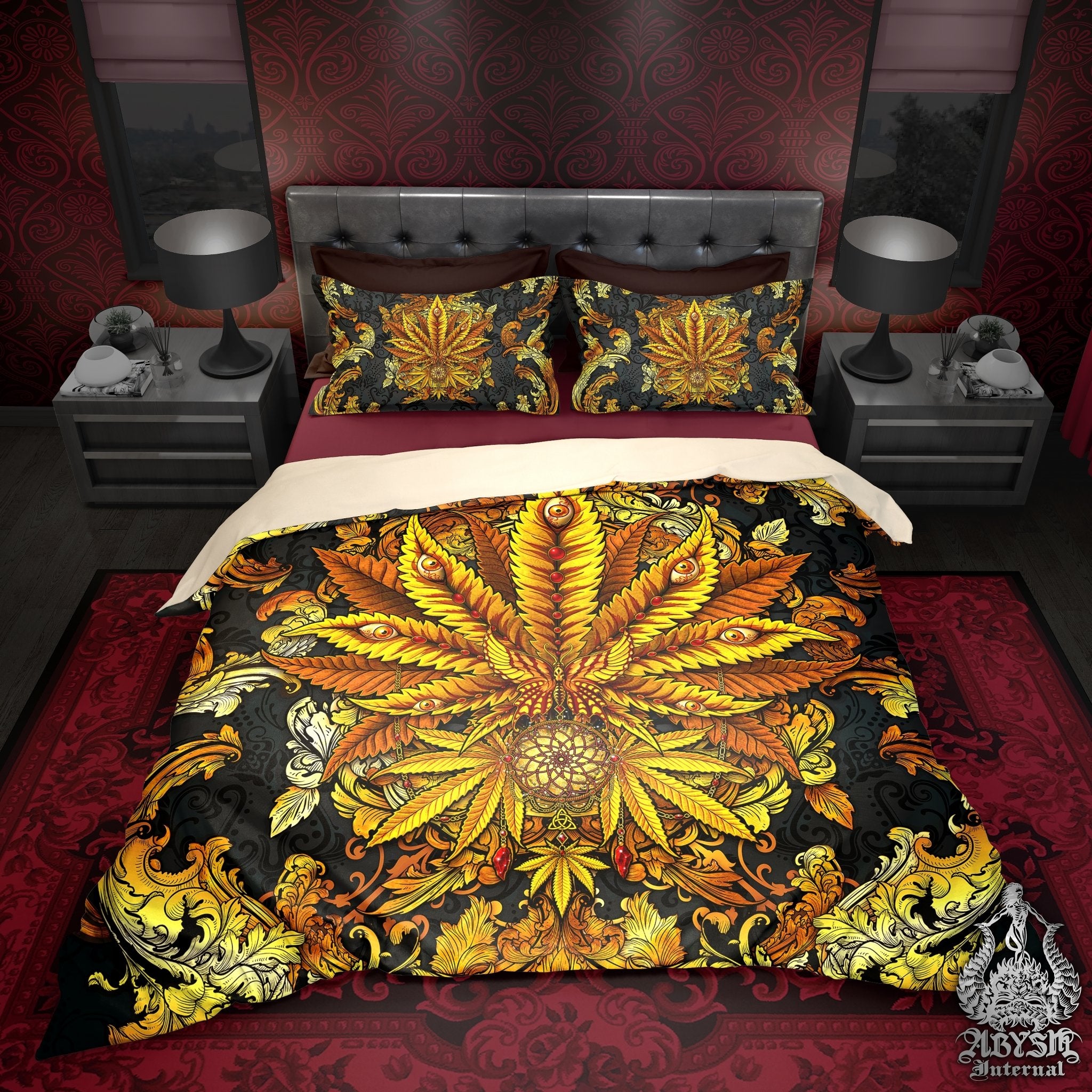 Weed Bedding Set, Comforter and Duvet, Cannabis Bed Cover, Marijuana Bedroom Decor, King, Queen and Twin Size, 420 Room Art - Gold - Abysm Internal