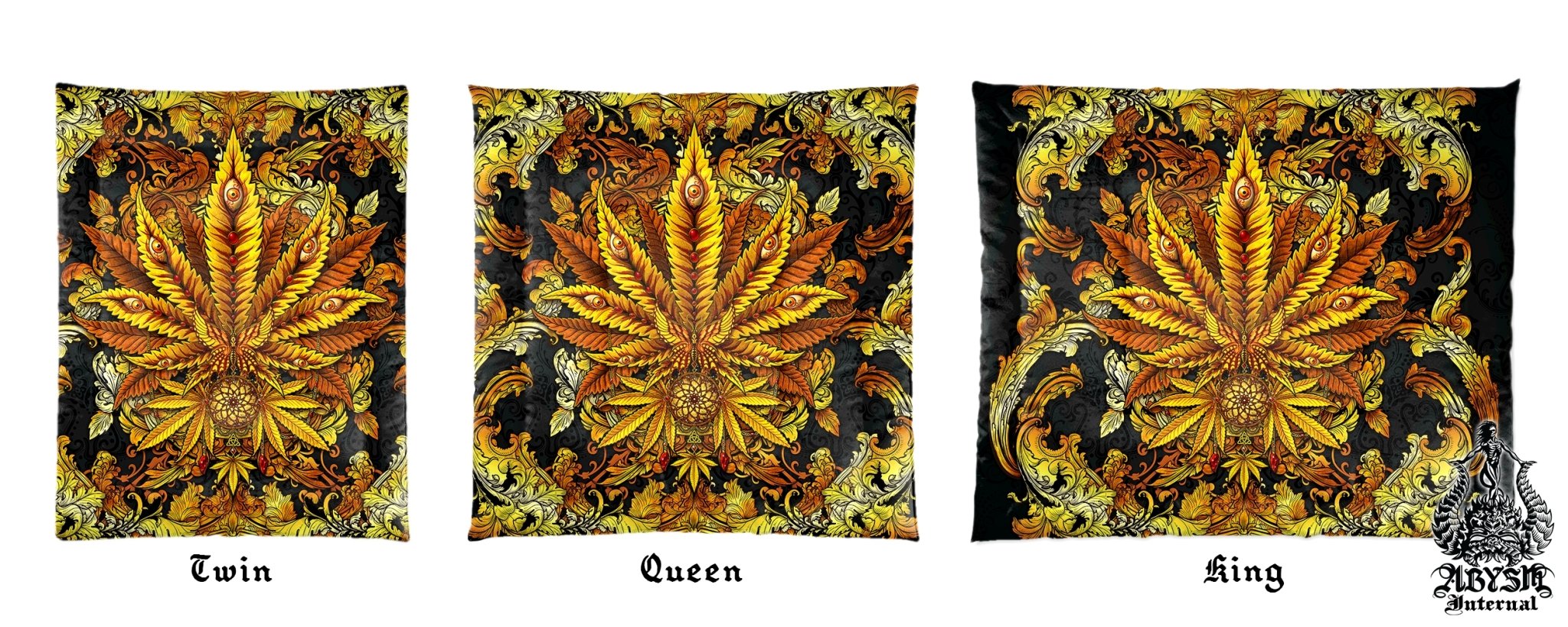 Weed Bedding Set, Comforter and Duvet, Cannabis Bed Cover, Marijuana Bedroom Decor, King, Queen and Twin Size, 420 Room Art - Gold - Abysm Internal